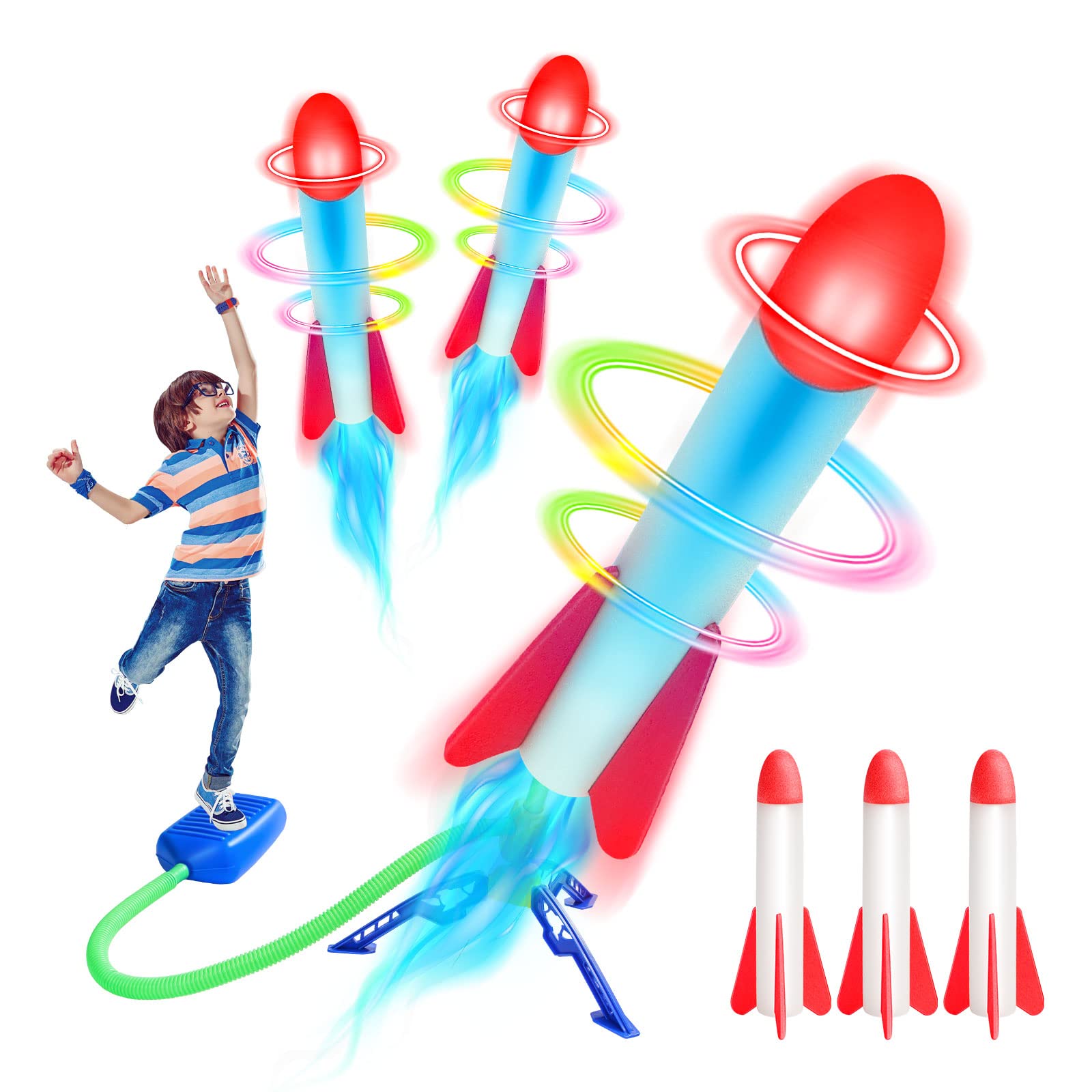 EPCHOORocket Launcher Toy for Kids, Stomp Rocket Set with 3 Foam Rockets and 3 LED Rockets for 3 4 5 6 Year Old Boys and Girls, Stomp Toy Rocket Toy Boys Toy Age 3+, Outdoor Garden Toys Gifts