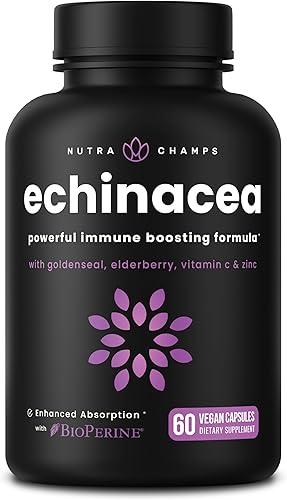 NutraChamps Echinacea Capsules 1000mg - Suplemento de apoyo inmunológico 8 en 1 - Equinácea Goldenseal, vitamina C, zinc, jengibre, saúco - 60