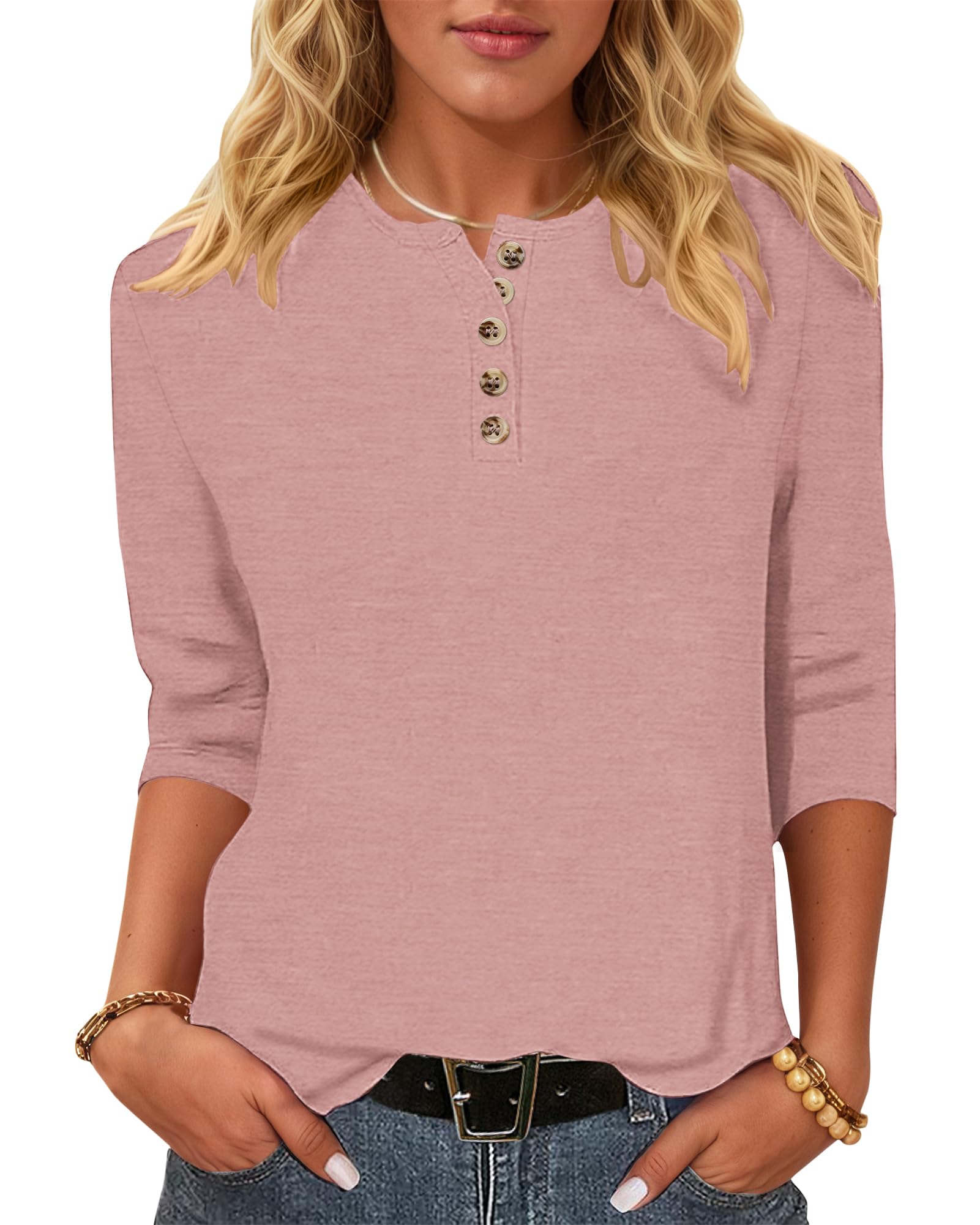 WNEEDU T-Shirt Damen 3/4 Arm Bluse - Henley Shirt Rundhals Tshirt Leichte Pullover Lässig Tops Basic Ganzjahres Oberteile mit Knöpfe