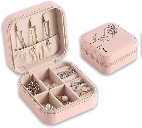Joyero personalizado, joyero pequeño de viaje personalizado con nombre y mes de la flor de nacimiento, para anillos, aretes, collar, pulsera,