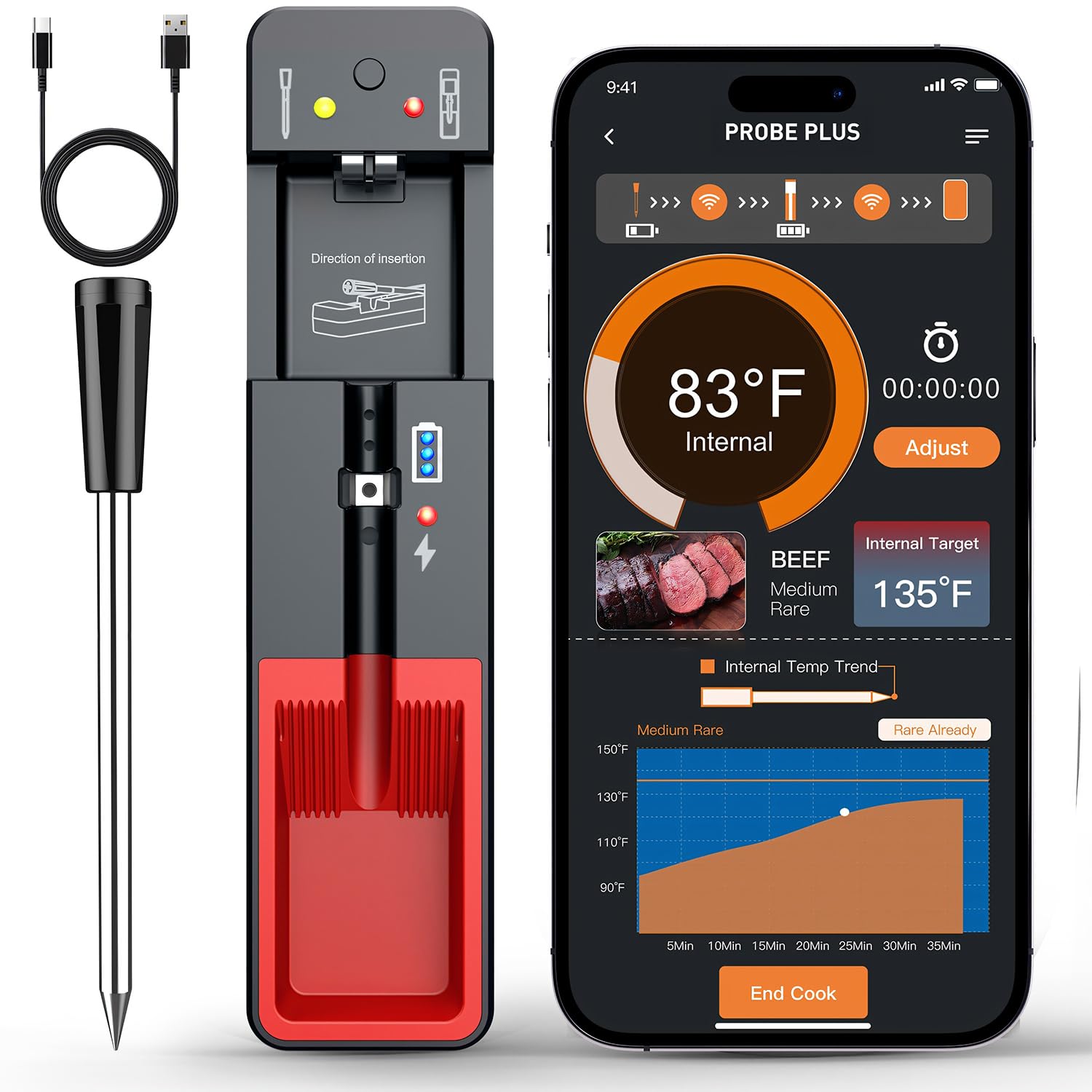 Vexloria Termometro Cucina, Termometri Per Alimenti, Wireless Bluetooth Termometro Da Cucina, Con App Intelligente Cucinare A Lunga Distanza Termometro, Per Forno, Griglia, Cucina, Barbecue