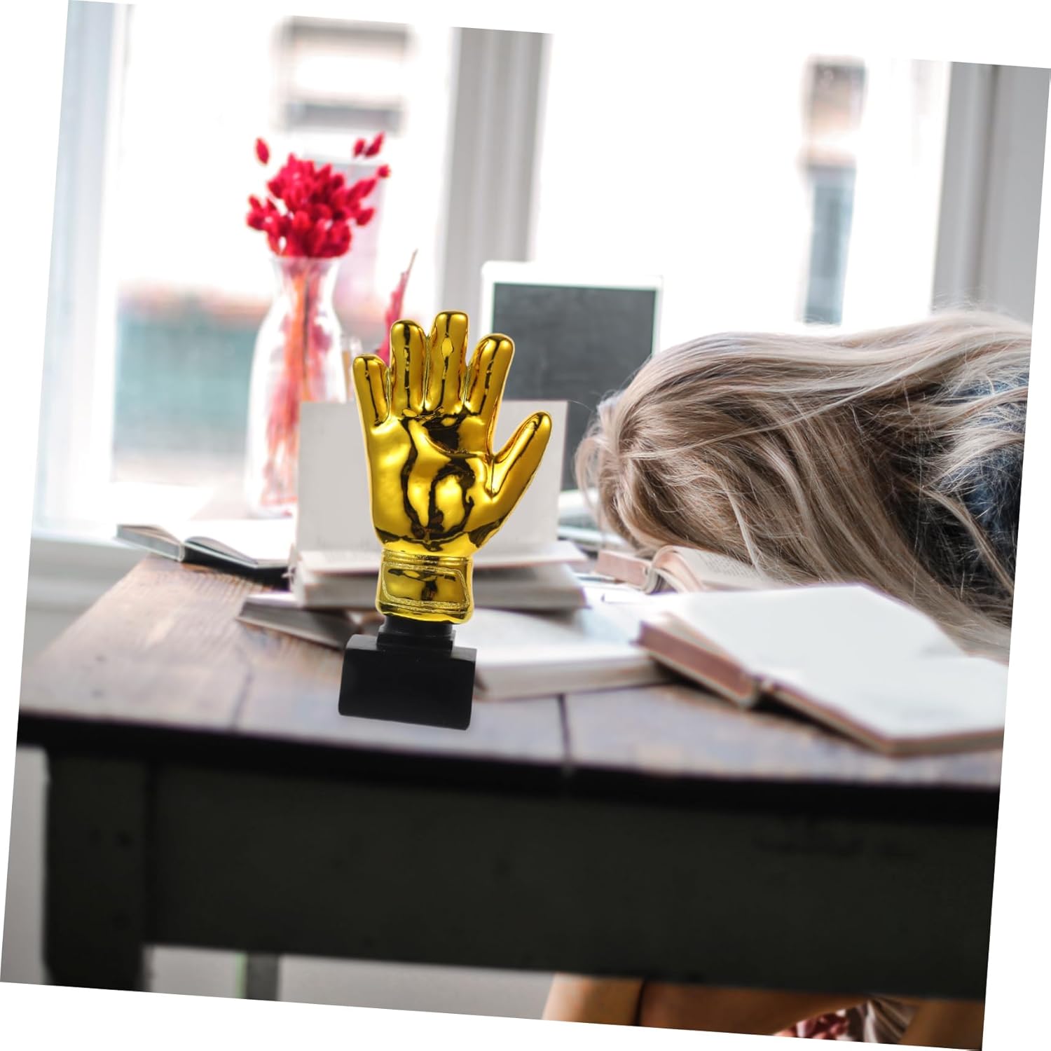 Toyvian Golden Plating Resin Goalkeeper Trophy with Base Soccer Goalie Gloves Shape Award Cup for Office School Kindergarten Durable Game Prize and Party Favor