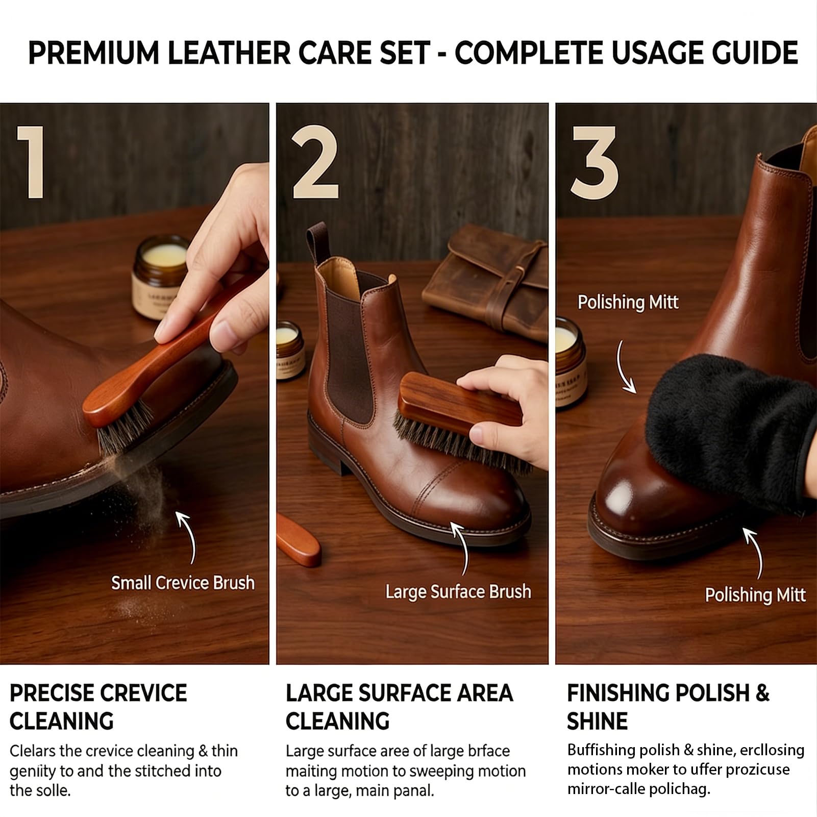 Kit Cuidado del Cuero 3 Piezas - Cepillos de Crin de Caballo Natural y Guante de Pulido - Set de Limpieza y Brillo para Zapatos, Botas, Bolsos y Asientos de Coche