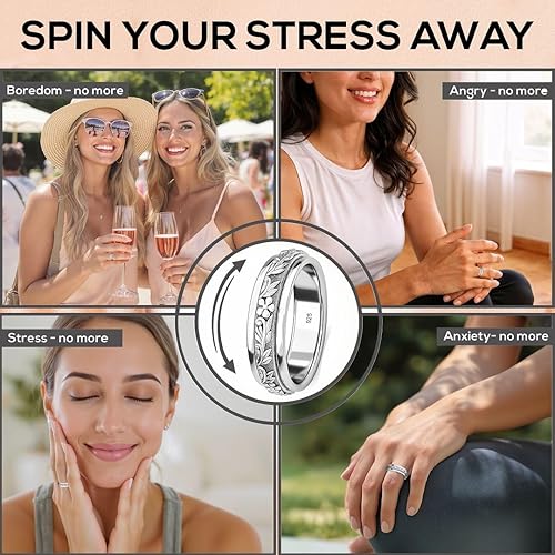 Miniatura 4 de 925 Sterling Silver Fidget Ring Women - Moon Star Spinner Anxiety Rings for Women Men Platinum Plated - Stress Relief Statement Promise Her