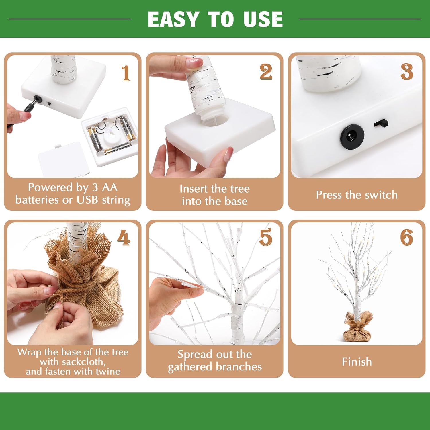 Leyndo 6 Pcs Lighted Birch Tree 24''H Christmas Tabletop Tree Decoration LED White Birch Tree with Burlap Artificial Trees for Home Living Room Mantel Wedding Bedroom Decor