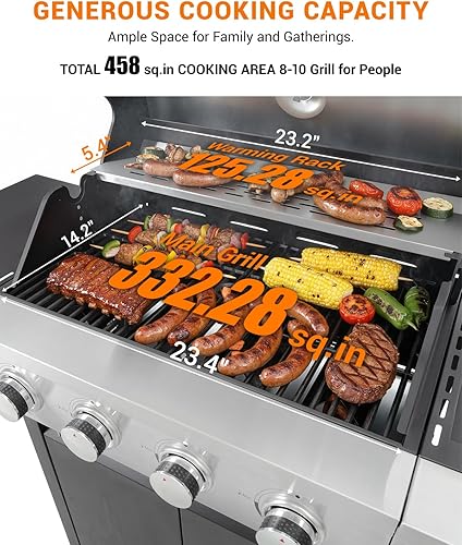 Miniatura 4 de Parrilla de barbacoa de gas propano de 4 quemadores con quemador lateral, 46,500 BTU de salida de acero inoxidable con rejillas de hierro fundido