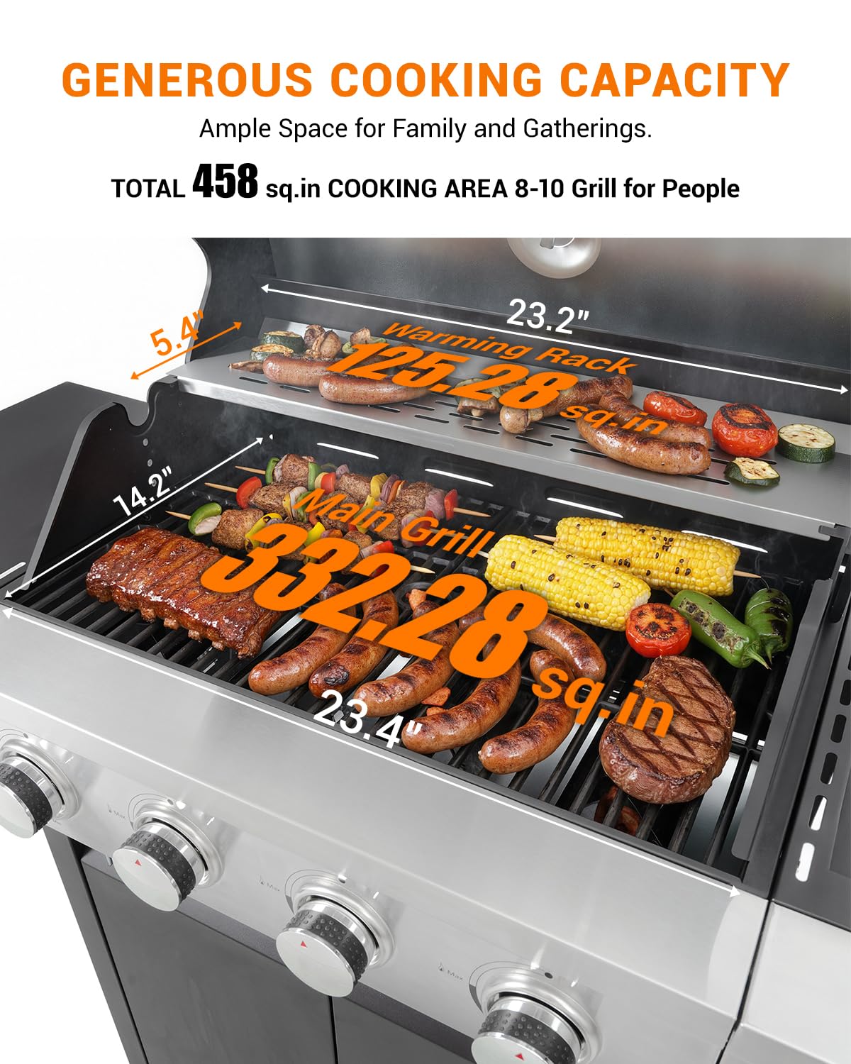 EUHOME 4-Burner Propane Gas BBQ Grill with Side Burner, 46,500 BTU Output Stainless Steel Barbecue Grill with Enameled Cast Iron Grates and Side Tables for Outdoor Cooking Kitchen and Patio Backyard - 5