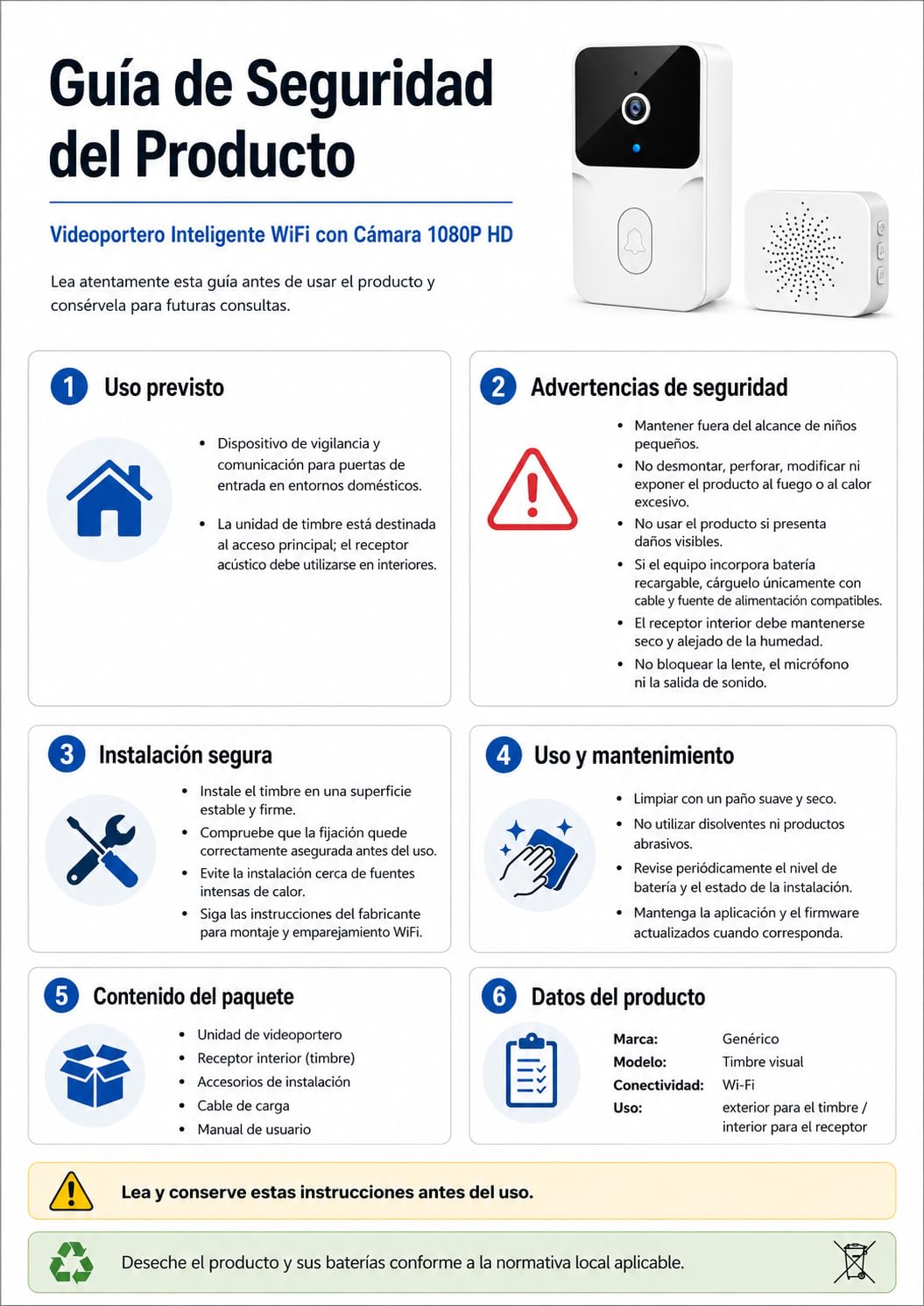 Genérico Videoportero Inteligente WiFi con Cámara 1080P HD, Timbre Inalámbrico de Fácil Instalación con Audio Bidireccional, Visión Nocturna y Alertas en Tiempo Real