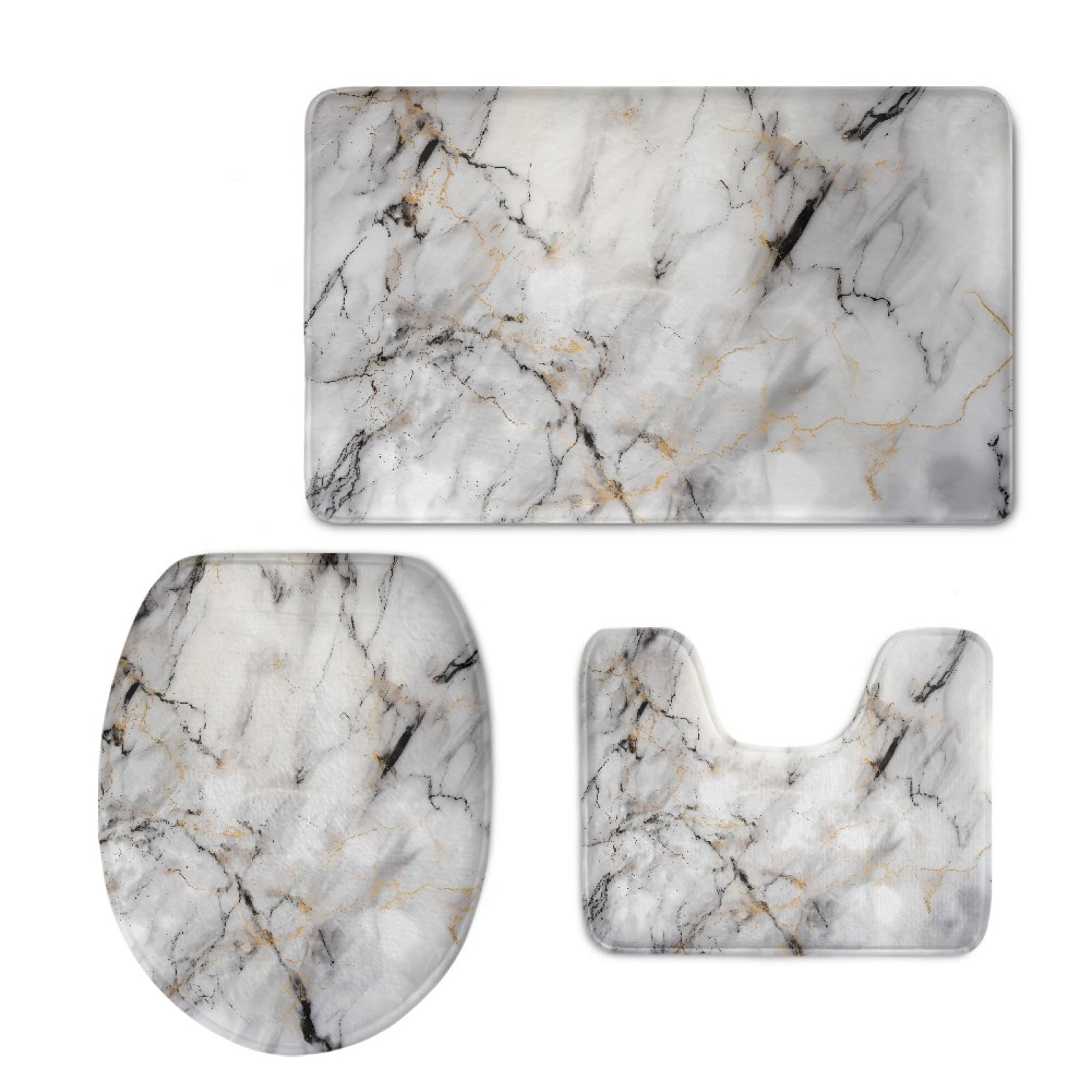 UNICEU Grey White Marble 3 Piece Bathroom Rug Set Includes Bath Rug, Contour Mat and Toilet Lid Cover, Machine Washable, Super Soft Microfiber & Non