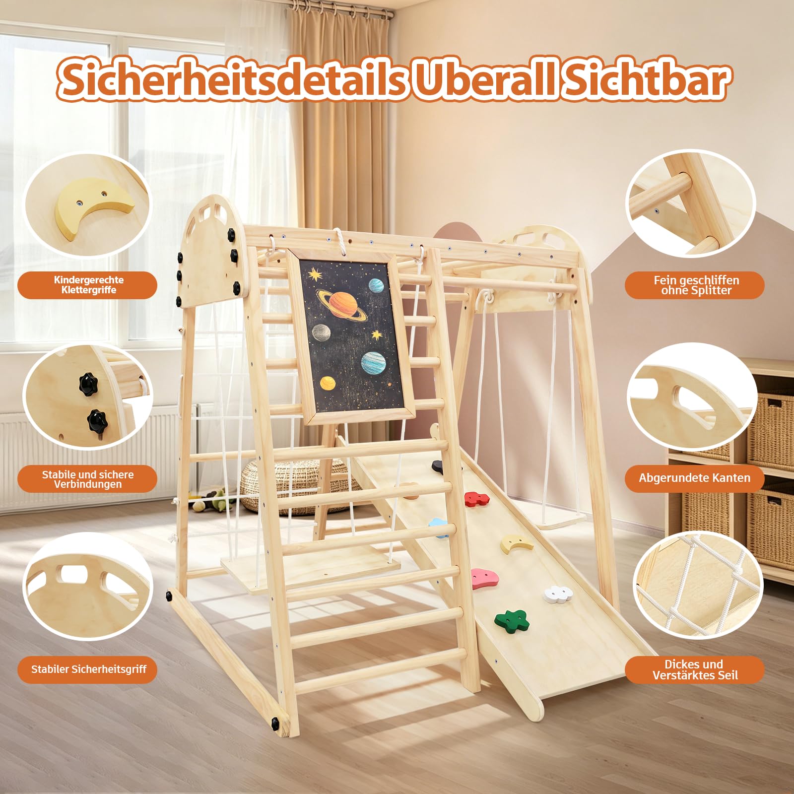 Klettergerüst Indoor ab 1 Jahr Mini&Klappbar 10 in 1 Montessori Indoor Spielplatz Kinder – Kletterturm aus Holz mit Tafel, Rutsche, Kletterwand, Kletternetz, Schaukel & Schwebendes Balancierholz