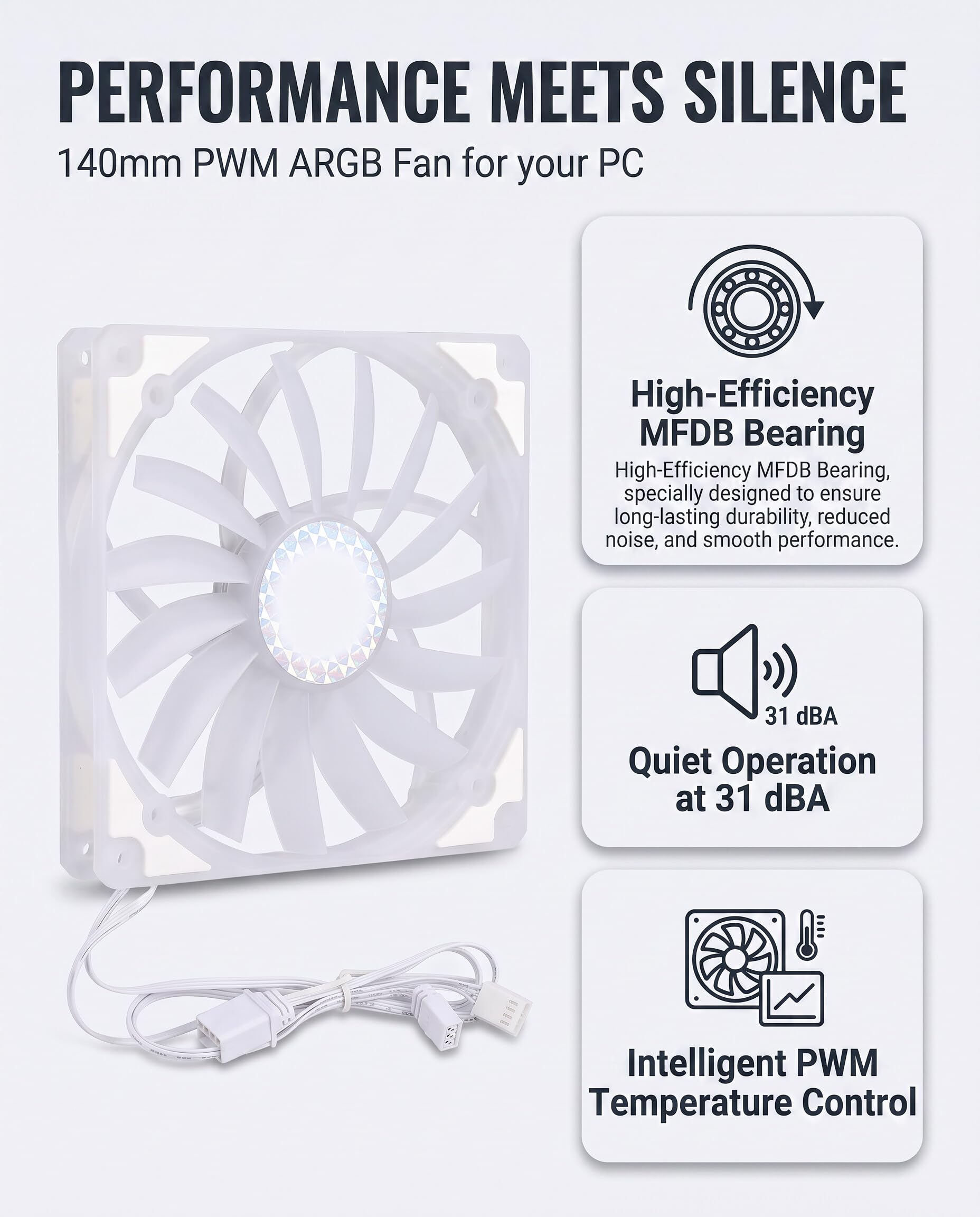 Ventilador RGB 140 mm, PWM ARGB con Cojinete MFDB