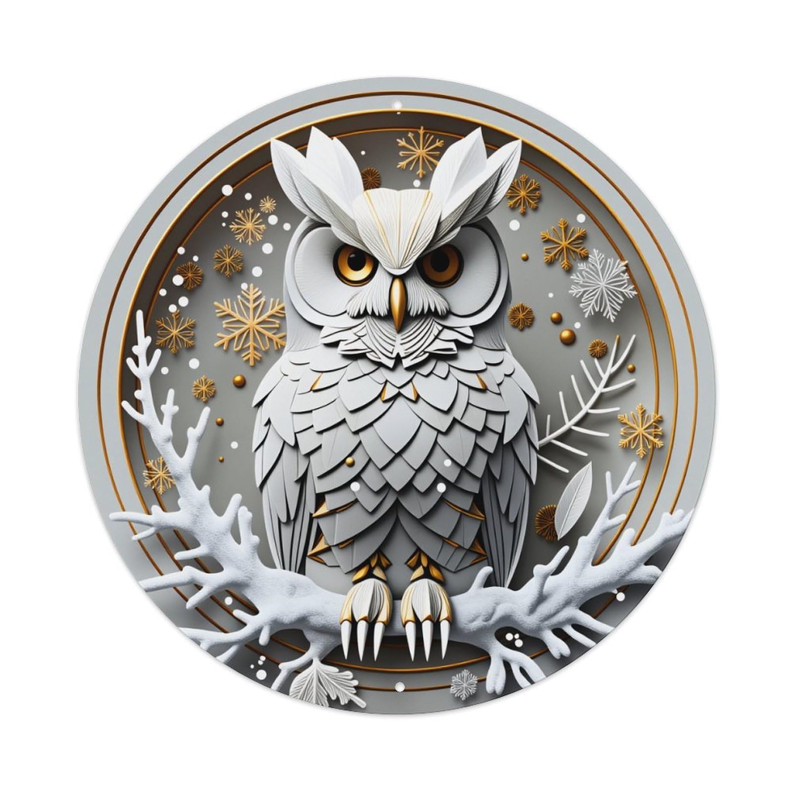 Owl Snowflake Branch Winter Gold Round Tin Sign Vintage Metal Poster Retro Bar, Home, Man Cave, Kitchen, Laundry Room Wall Art Decor Gift 8x8In