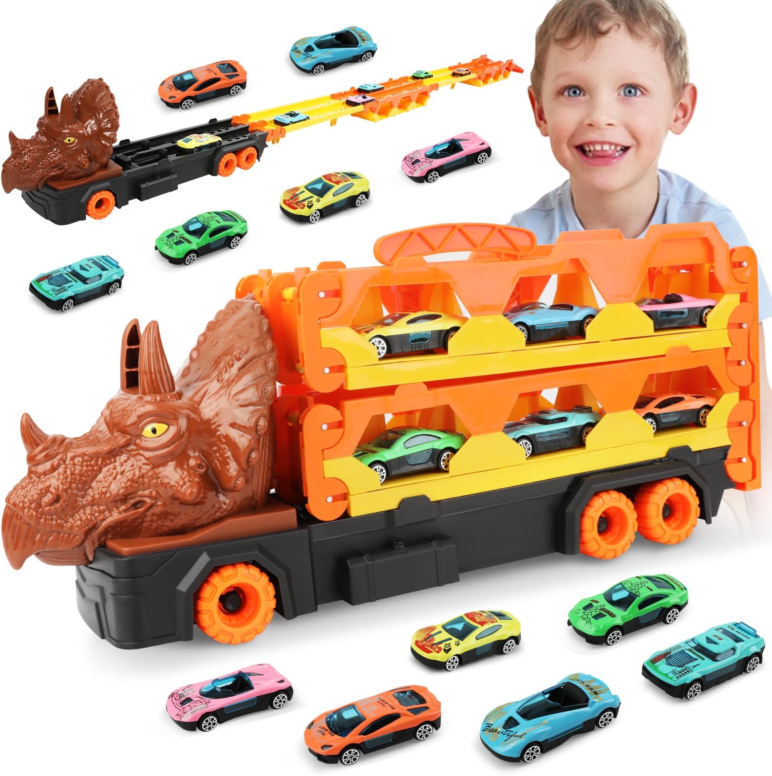 Transport Truck Toys Cars for Boys Ages 3 4 5 6 7 8, Portable Dinosaur Race Track Truck Toy Car with 6 Race Cars, Best Gift Carrier Vehicles Toy Set for Kids