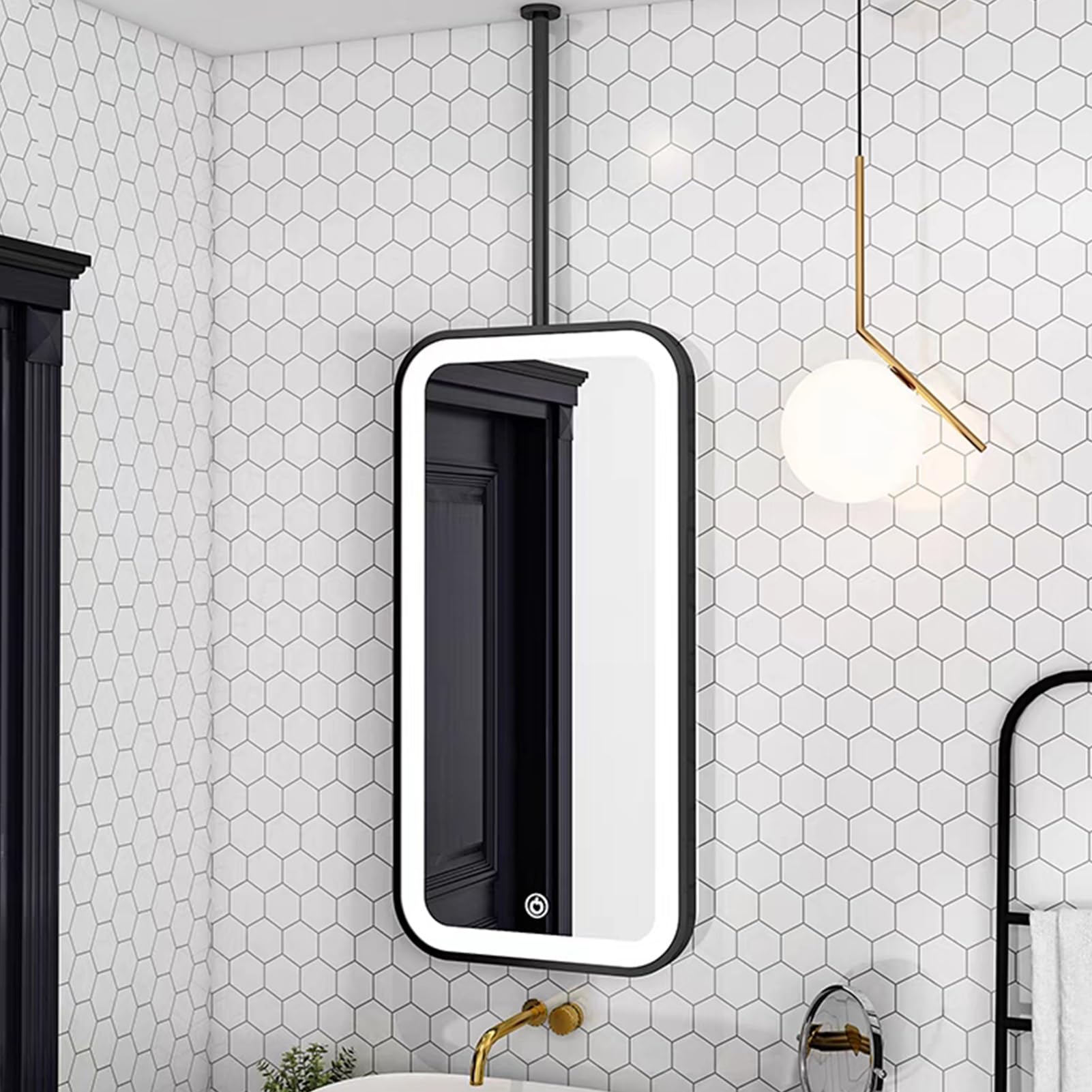 ITOSUI Rectangular Wall Mirror with LED Light, Ceiling Hanging Rod Bathroom Mirrors for Home or Hotel Vanity Makeup Mirrors, Black Metal Framed Decorative Mirror(40cmx70cm)