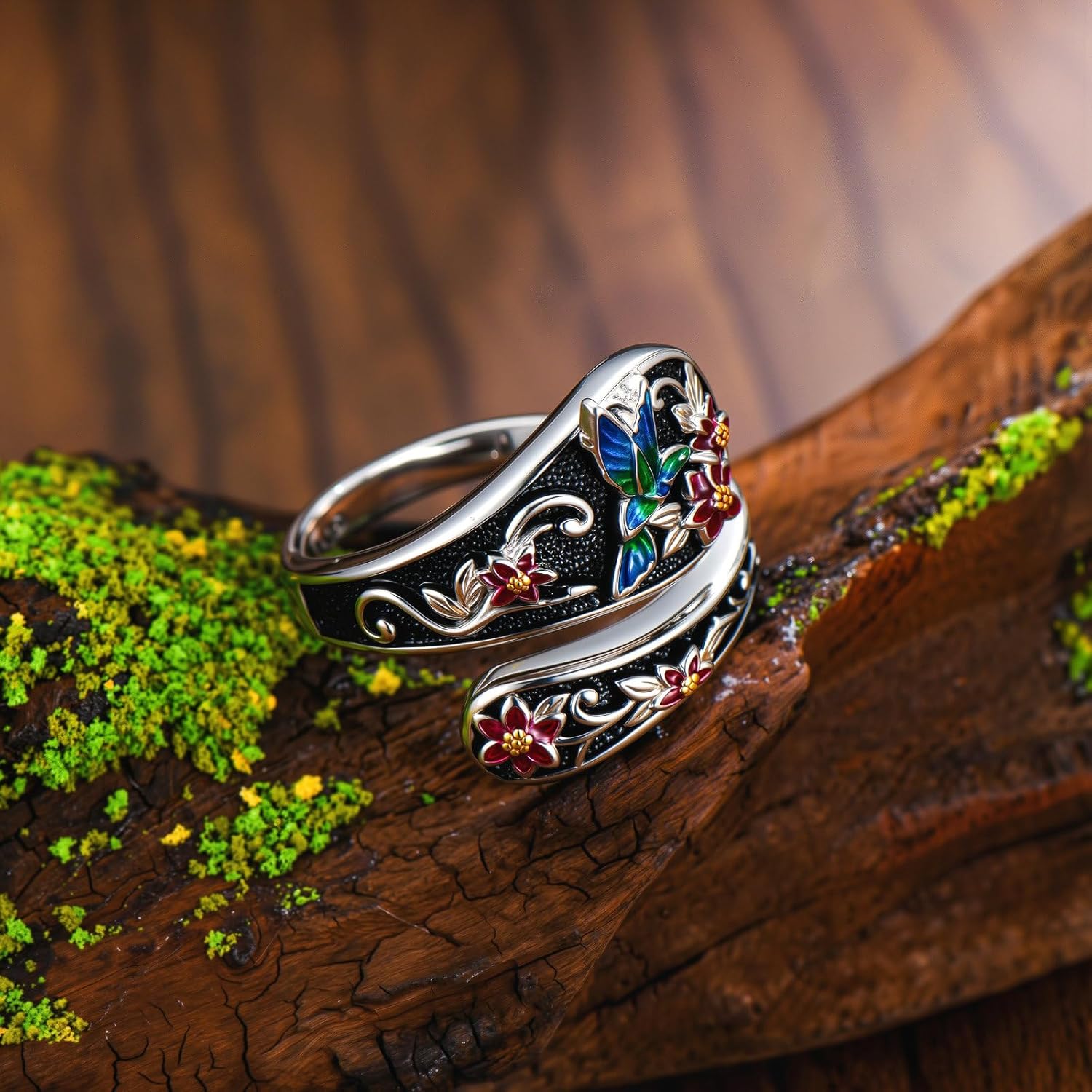 LOANGO Spoon Ring for Women 925 Sterling Silver Spoon Rings Adjustable Oxidized Vintage Thumb Rings Sunflower Hummingbird Butterfly Bee Cardinal Jewelry Gifts for Women Men