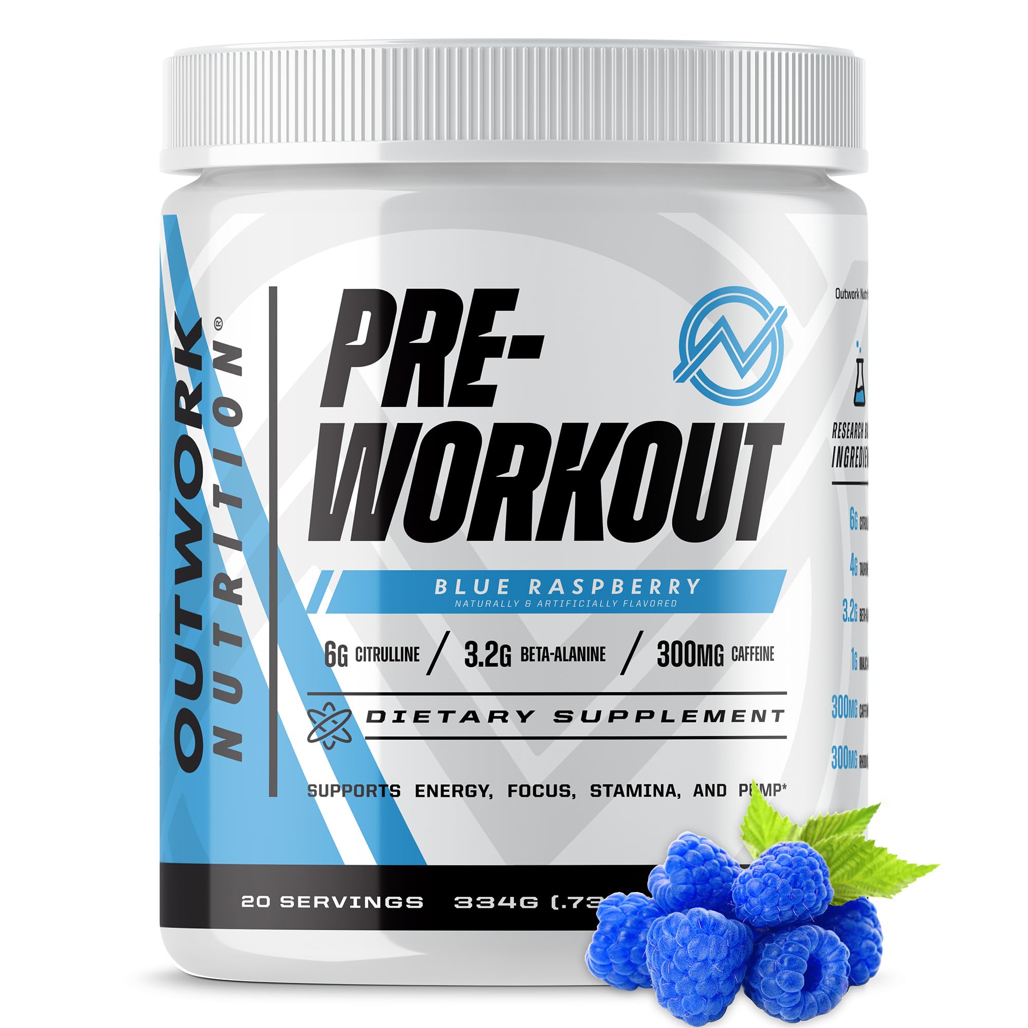 Outwork NutritionPreworkout for Men & Women - Nootropic Pre Workout Without Creatine, Pre-Workout Powder with Taurine Rhodiola Citrulline Malate Beta Alanine Caffeine (Blue Raspberry)