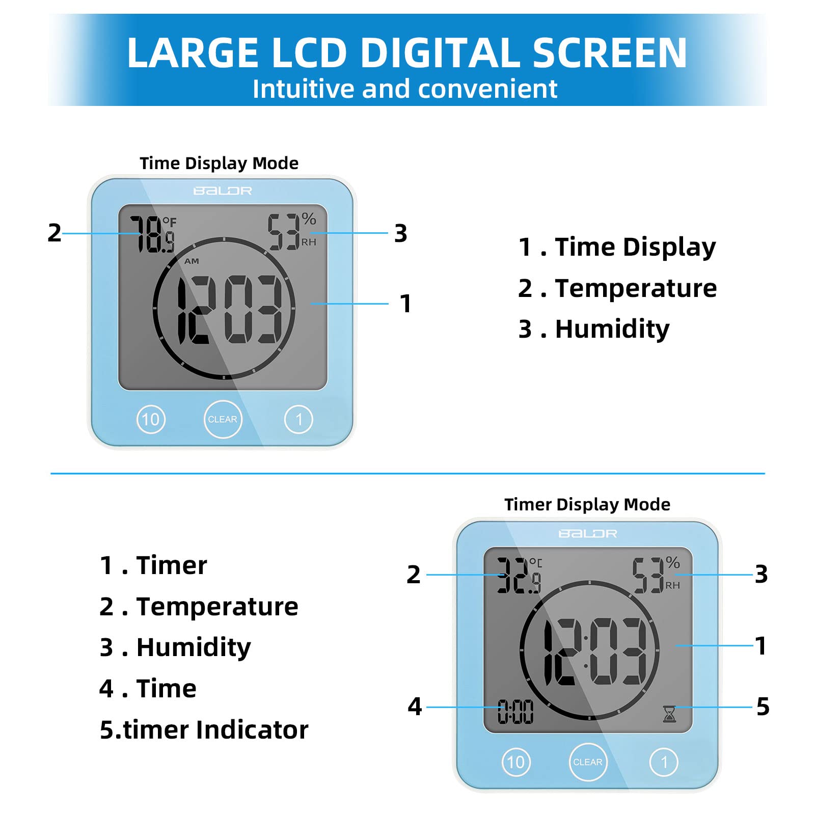 DEECOZY Tendlife - Orologio termoigrometro, orologio da bagno, sveglia digitale LCD, timer per doccia, orologio da bagno portatile con controllo tattile per cucina e bagno