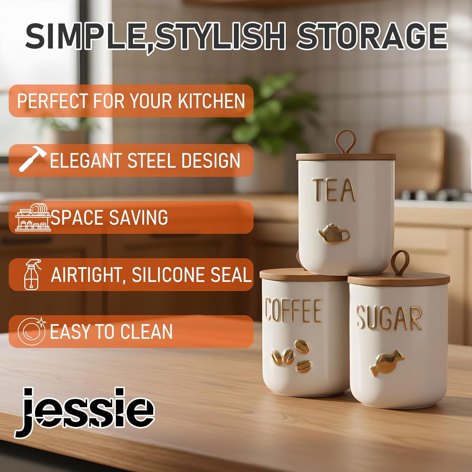 jessie 27oz Ceramics Coffee Canisters with Airtight Seal Bamboo Lid Silicone,Coffee Bean Storage for Kitchen Countertop,Food Storage Jars for Coffee Bean Ground Coffee (Sugar)