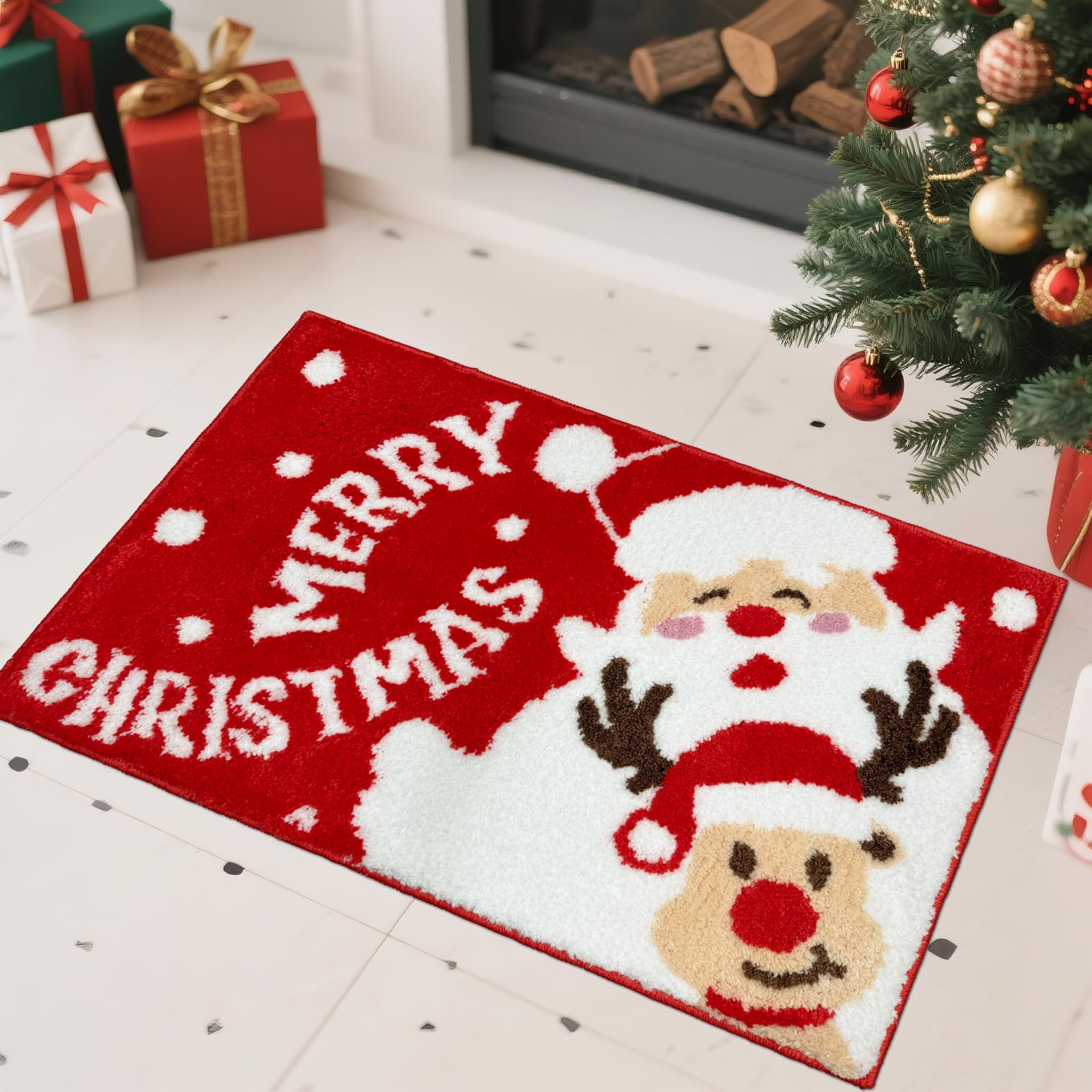 APROPHIC Weihnachten Badezimmer Teppich 50x80 cm, Santa Rutschschutzmatte, Niedliche Hirsch Reinigbar Badematte, Ultrafeine Mikrofaser Wasserabsorbierende Badematte, Geeignet Für Badezimmer, Wäscherei