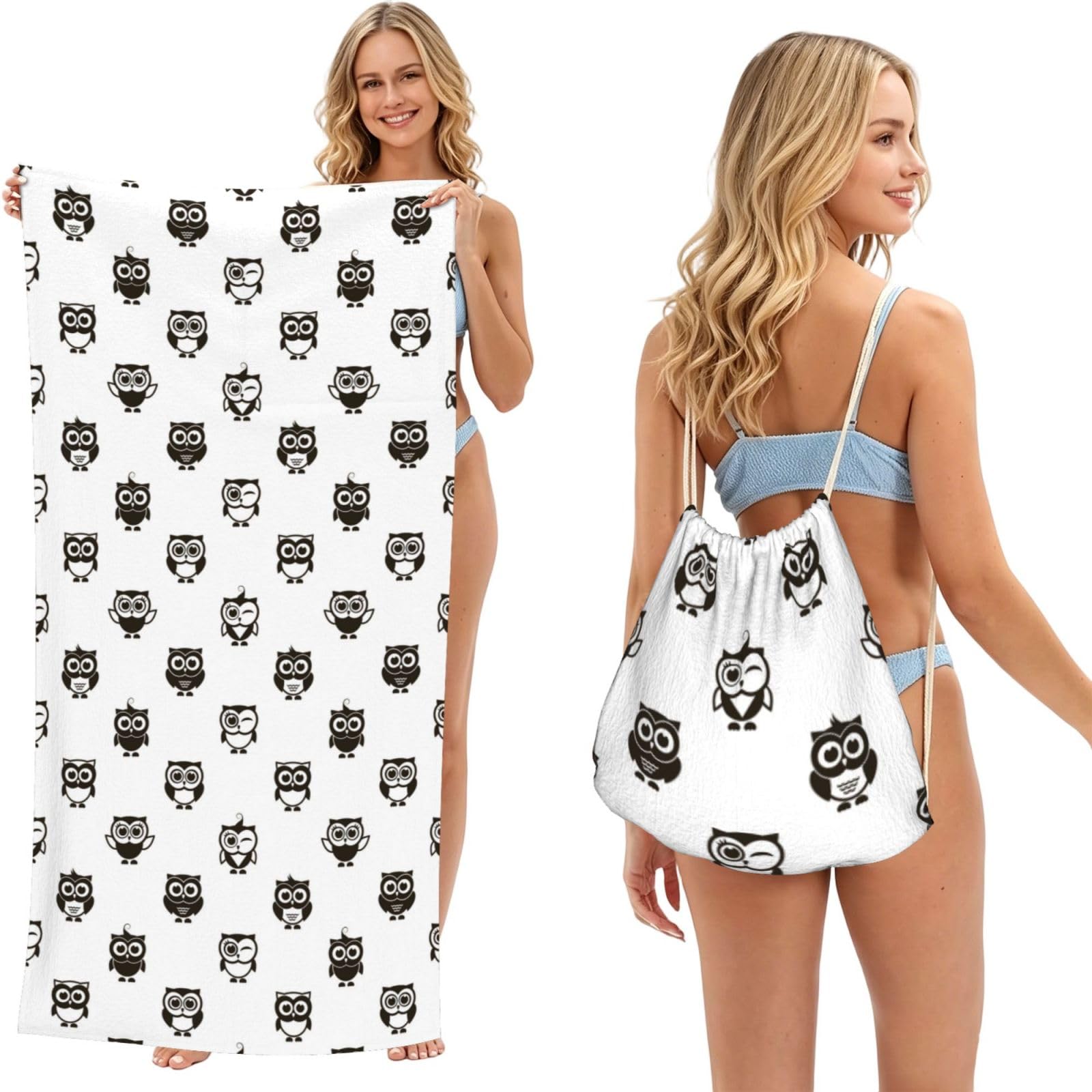 Poadnly As Picture Black Owls, 2 In 1 Packable Towel Bag, Beach Towels With Drawstring Backpack For Travel Holiday Camping