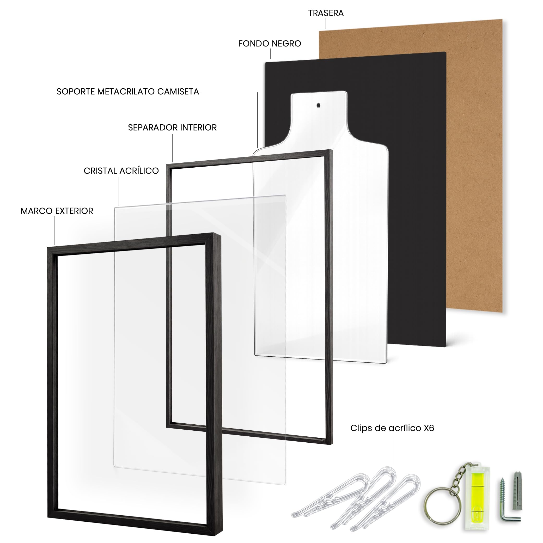 Marco para Camiseta de Fútbol 58x78 cm con soporte de Metacrilato – Cuadro para Camisetas Firmadas y Deportivas – Expositor para Camisetas de Deporte – Fácil Montaje – Marco Negro con fondo negro - 3
