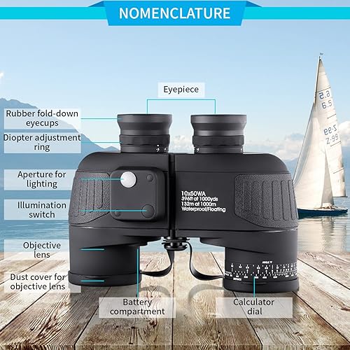 Miniatura 2 de Prismáticos marinos de 10 x 50 pulgadas para adultos, prismáticos militares impermeables con brújula telémetro BAK4 prisma FMC lente canotaje, pesca