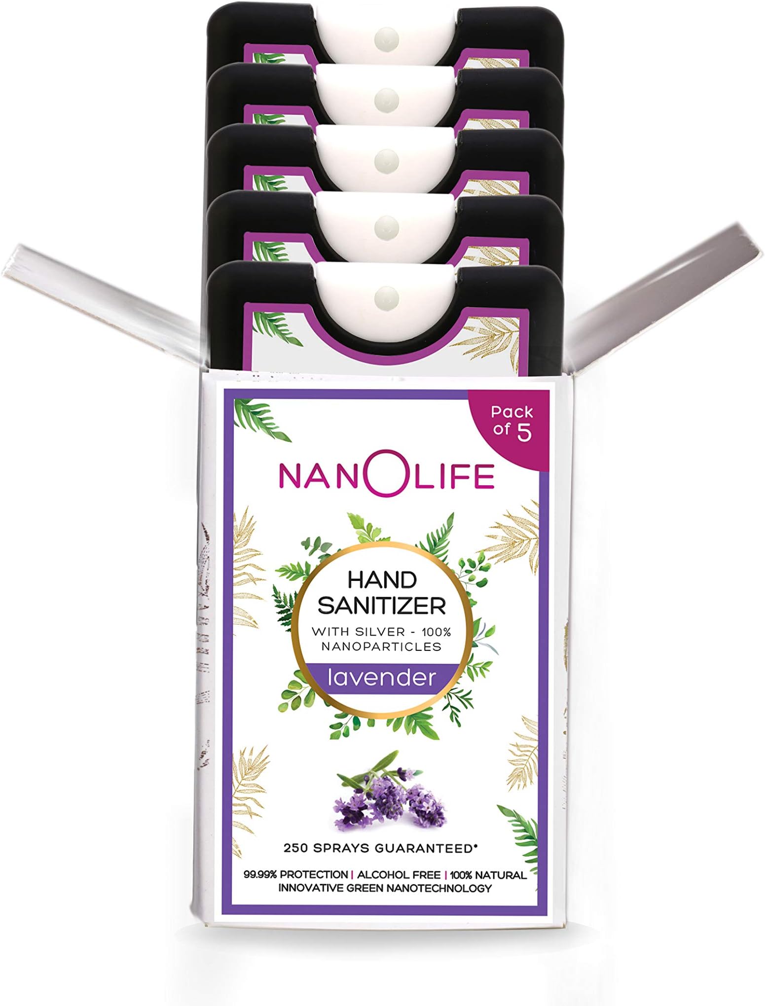NanOlife Pocket-Size Hand Sanitizer Spray - Lavender (Pack of 5 X18 ml)