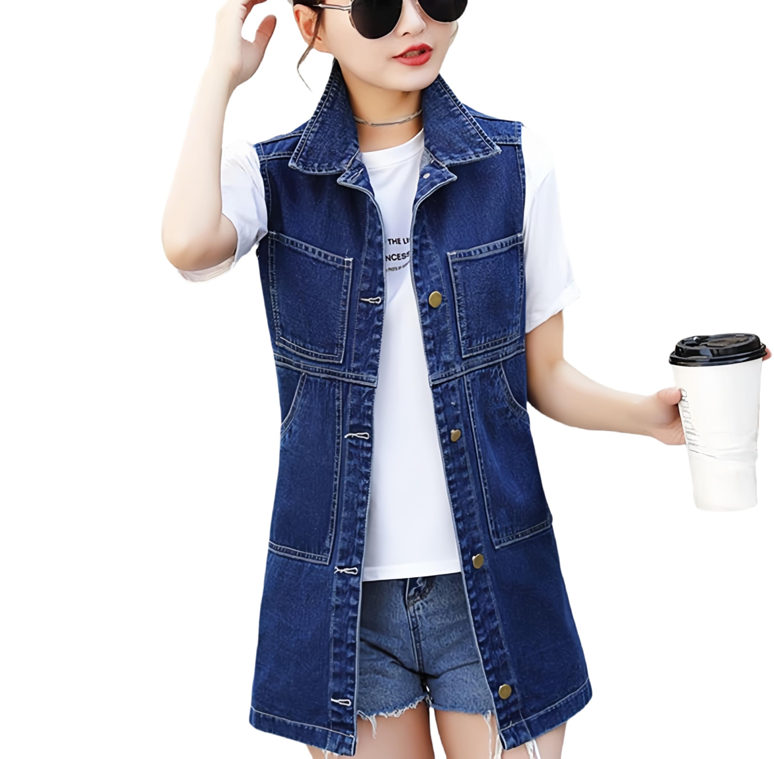 Giacca Jeans Donna,Donna Senza Maniche Giacca Lunga Casual Vestibilità Ampia Gilet In Denim Jeans Cardigan Leggero Cowboy Shacket Primavera Estate Capispalla Streetwear Blu Scuro 3Xl