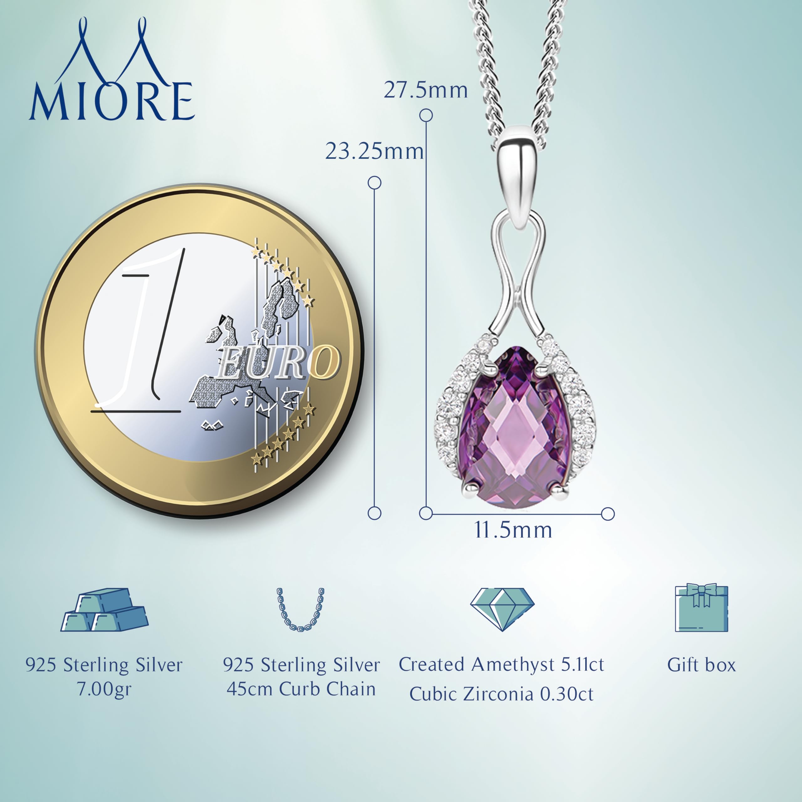 Miore Collana con Pendente da Donna in Argento 925 con Ametista e Zirconi, Taglio Brillante, 45 cm