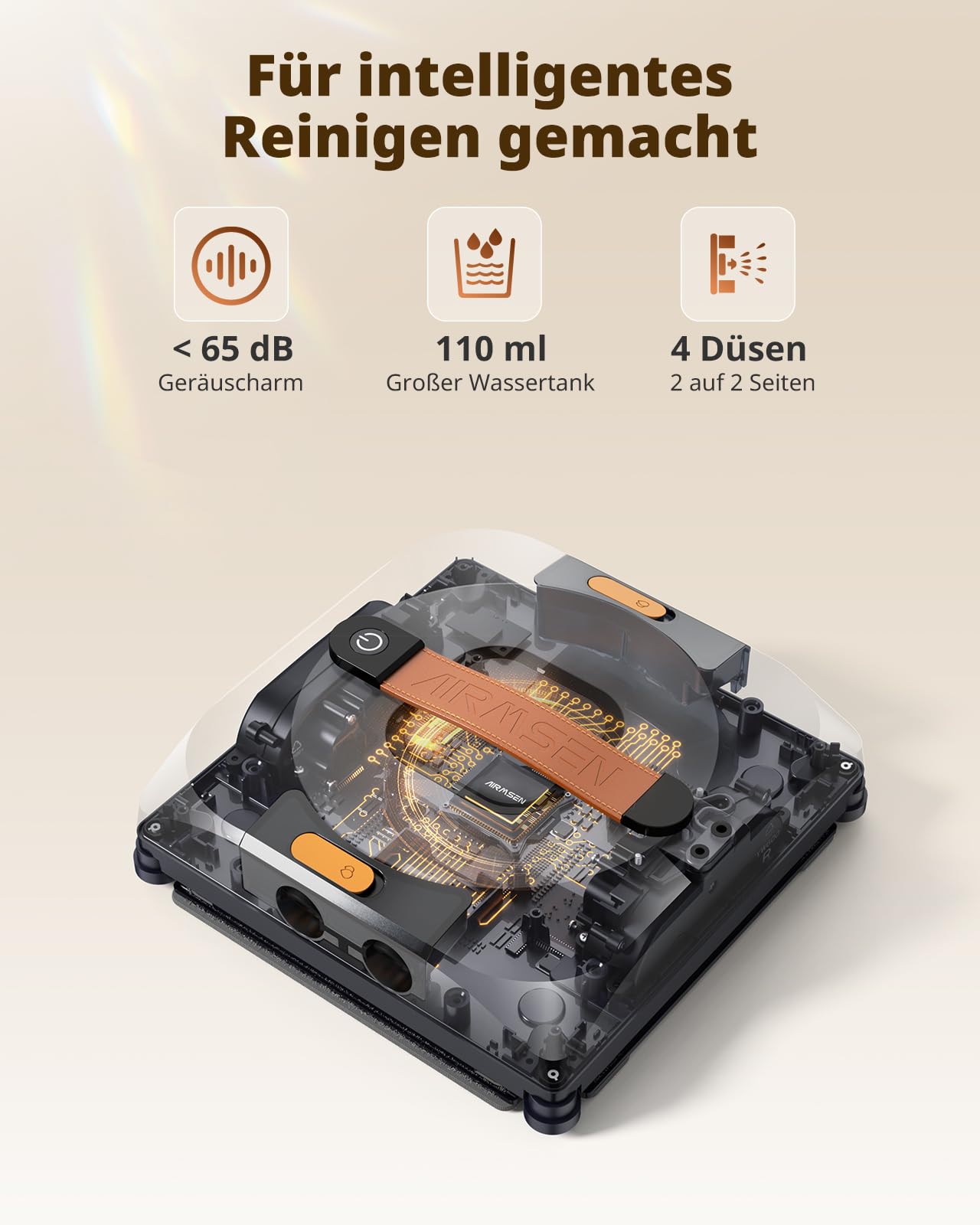AIRMSEN YW733 Fensterputzroboter, Automatische Routenplanung, 4 Reinigungsmodi, 4 Sprühdüsen, 110 ml Tank, 6000 Pa Saugkraft, Anti-Rutsch-System, für Fenster, Duschglas & Spiegel