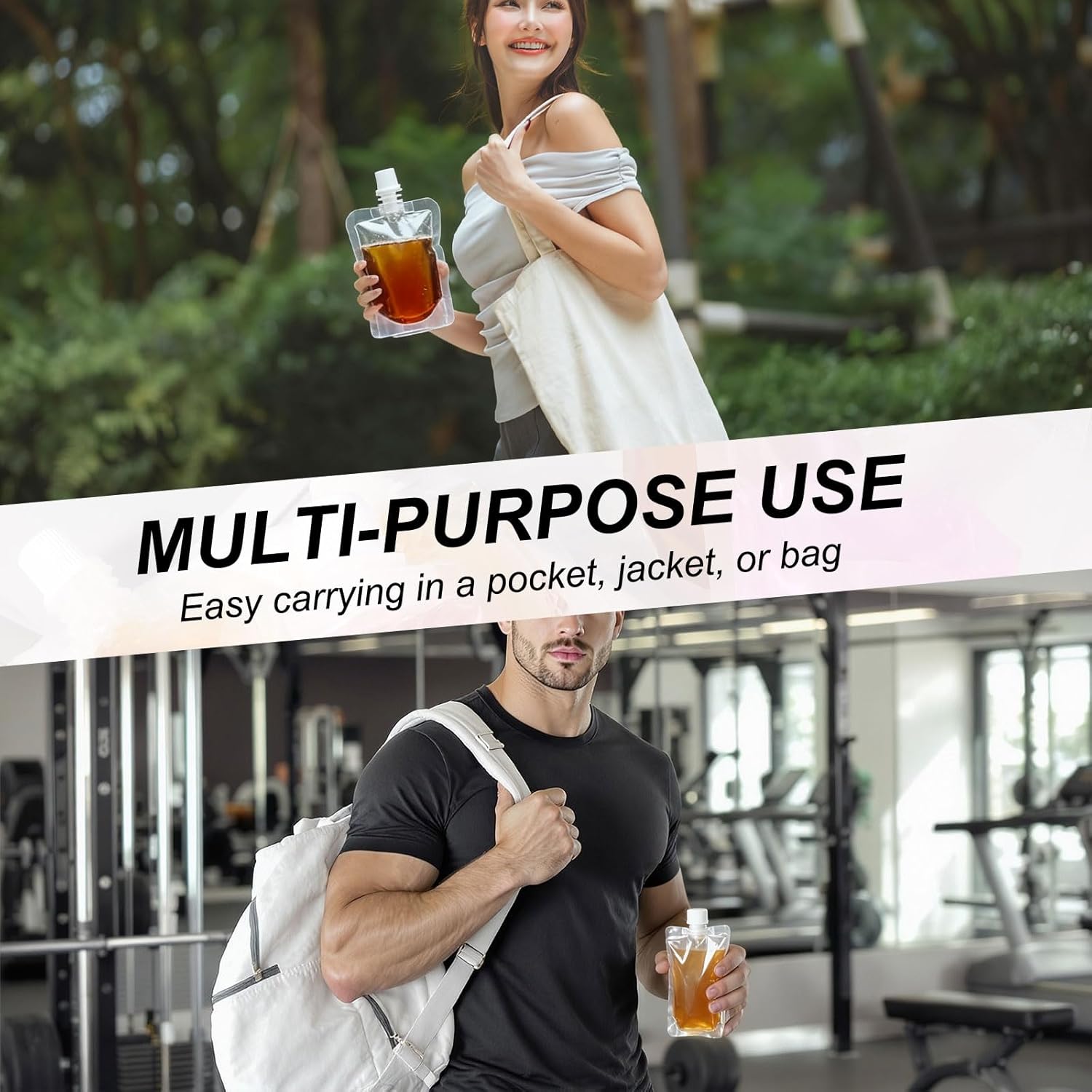 uxcell 50 Pcs Plastic Flask, 3.4oz Reusable Drink Pouches Water Drinking Flasks with Funnel Leak-Proof for Travel Outdoor Sports, Caliber 0.6 in