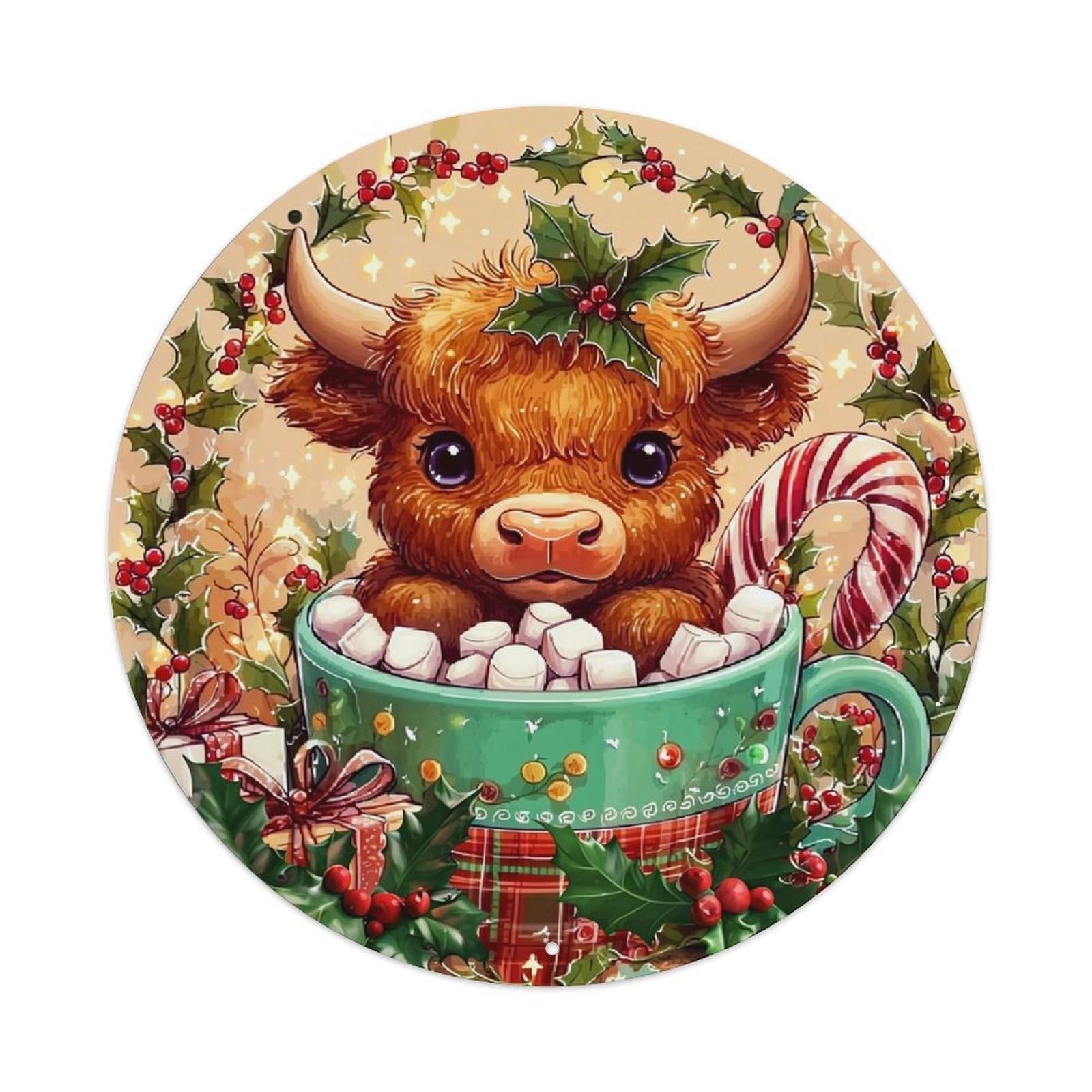 Cute Highland Cow Hot Chocolate Vintage Metal Tin Sign Retro Wall Decor for Home Bar Garage Cafe, Indoor & Outdoor Decorative，circle Metal Poster, 8x8 Inch