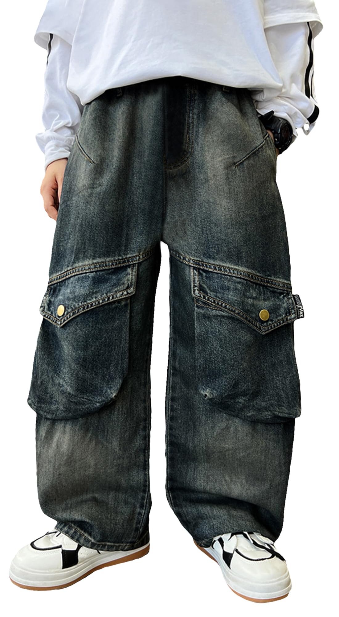 Happy Cherry - Vaqueros Cargo Niño Pantalones de Denim Holgados Pantalón de Mezclilla Ancho Algodón Estilo Callejero Jeans Vintage Infantil para Verano Primavera Otoño Invierno - 110-164