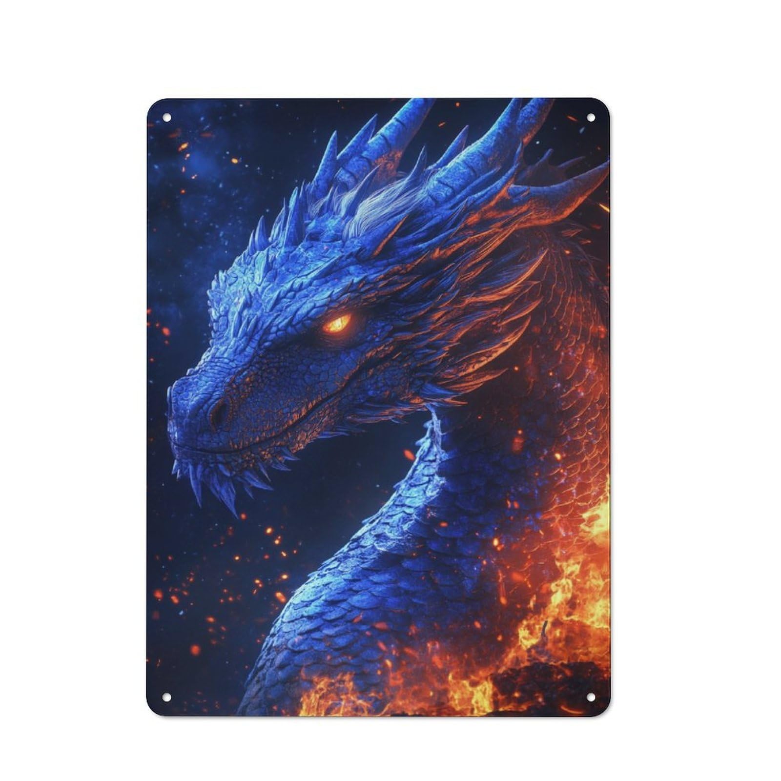Junmoney Blue Dragon In Flames Rustic Metal Sign 40X30cm Featuring For Hallway Wall, For Collectors Decorating Hallways And Entrance Areas