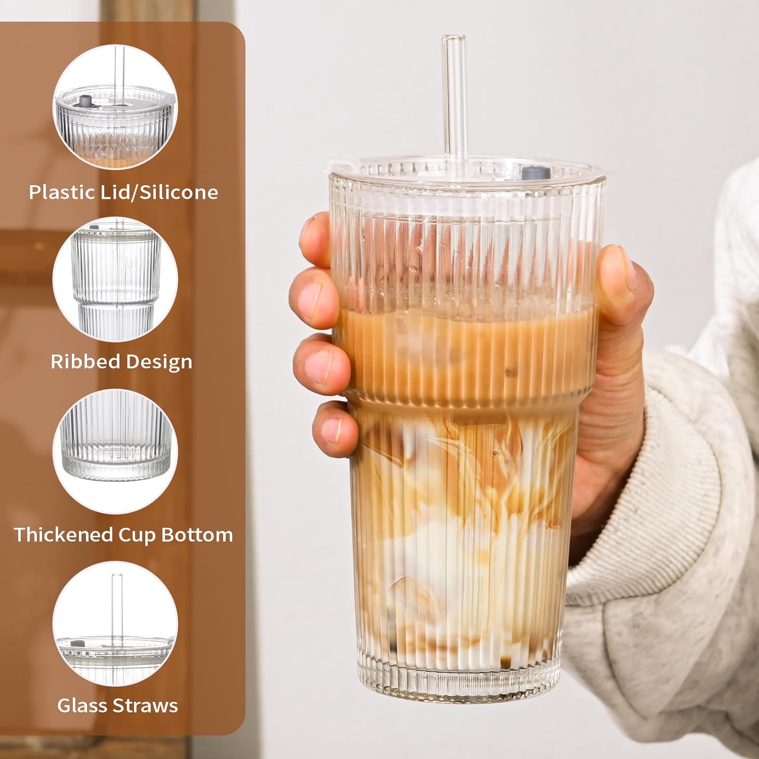 20oz Ribbed Glass Cups with Lids and Straws,1PCS Glass Tumbler with Straw and Lid,Iced Coffee Cups Drinking Glasses for Juice Whiskey Cocktail Beer - Image 6