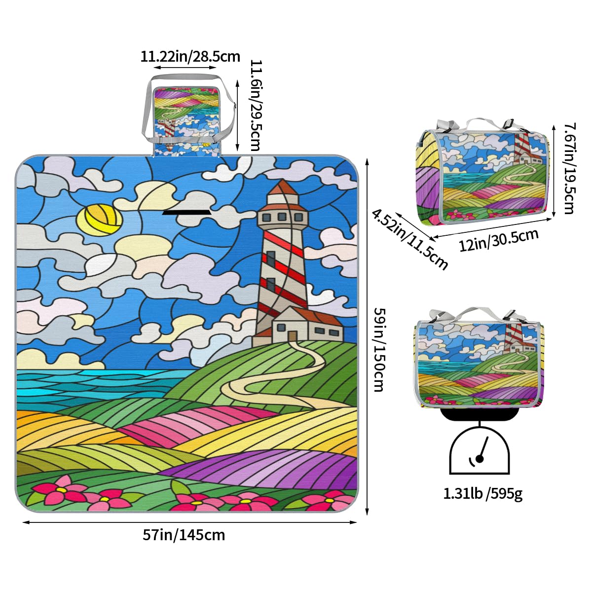 Shimoshe Picnic Blankets 57”x 59”, Abstract Flower Lighthouse Waterproof Sandproof Picnic Mat Lightweight Foldable Beach Blanket for Camping Park Grass Beach Outdoor Blanket