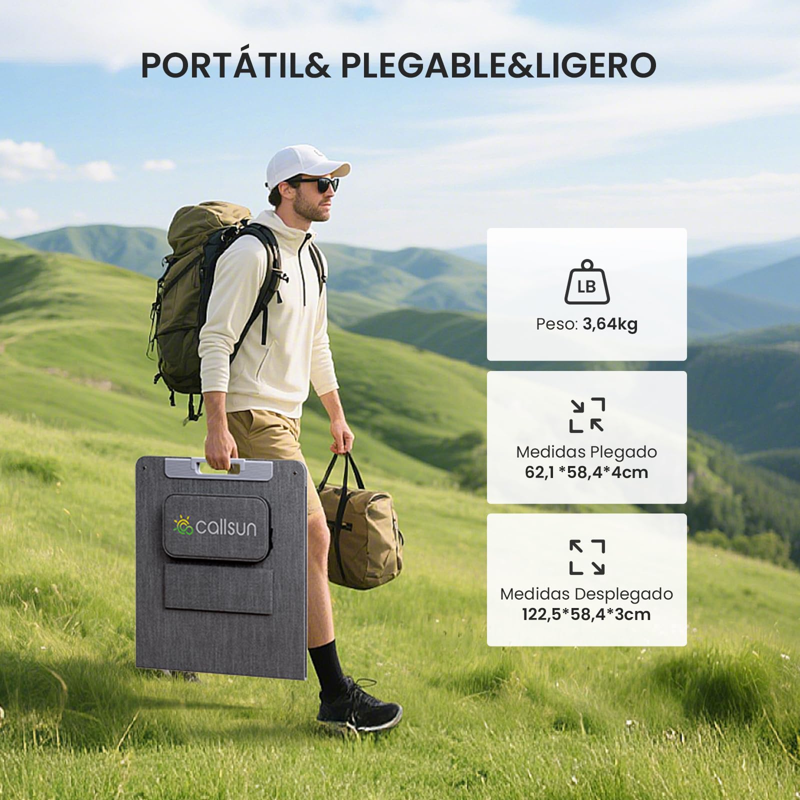 Panel Solar Portátil 110W 19.8V, Ligero y Plegable Panel Solar Monocristalino,N-Type 16 Busbars, Salidas USB-A 3.0 y Type-C, Ideal para Camping, Pesca,Senderismo y Caravaning