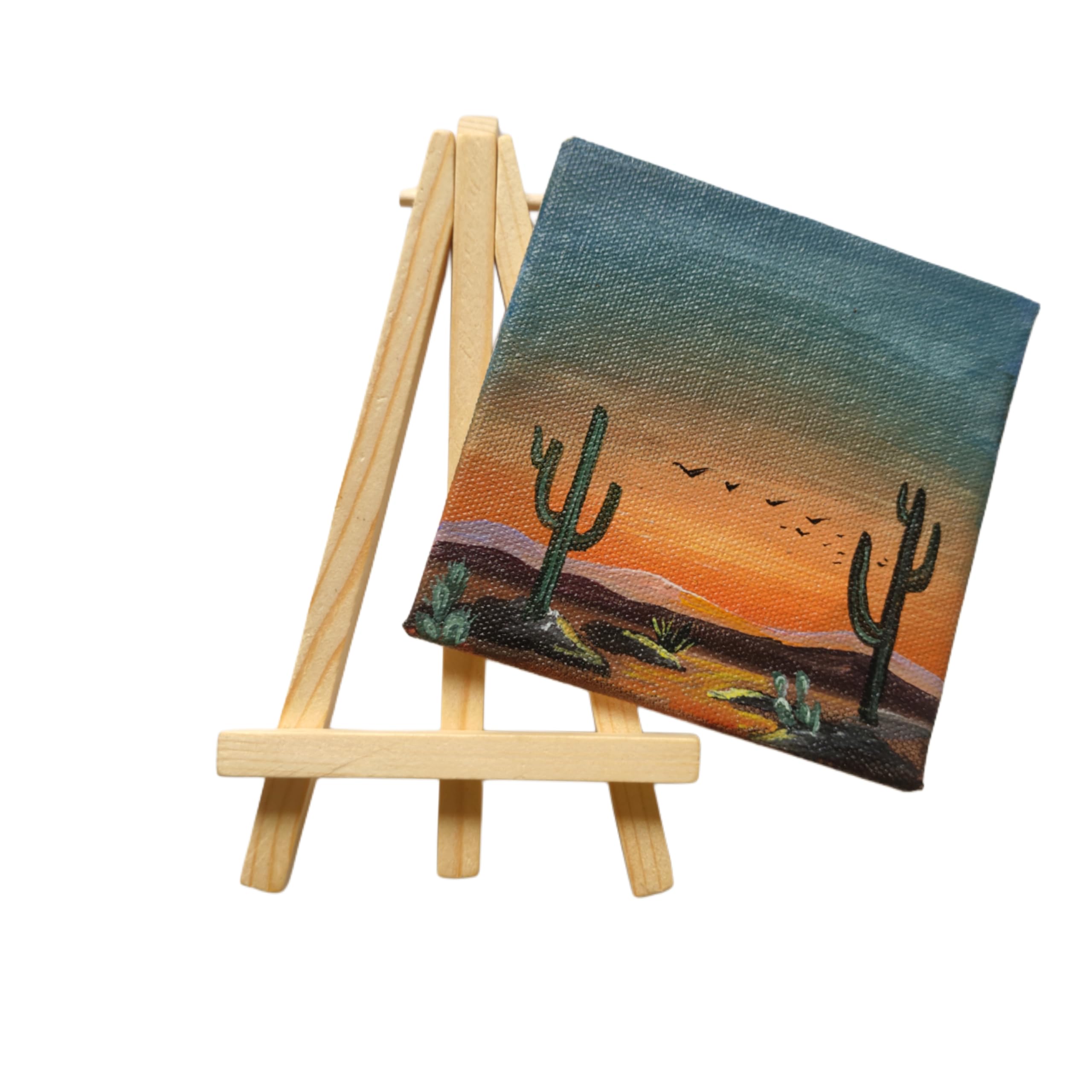 BHAGATH ART STUDIO Mini Desert Sunset Canvas Art with Wooden Easel, 10 cm × 10 cm, Cactus Landscape Painting, Home Decor, Fine Art-image-16