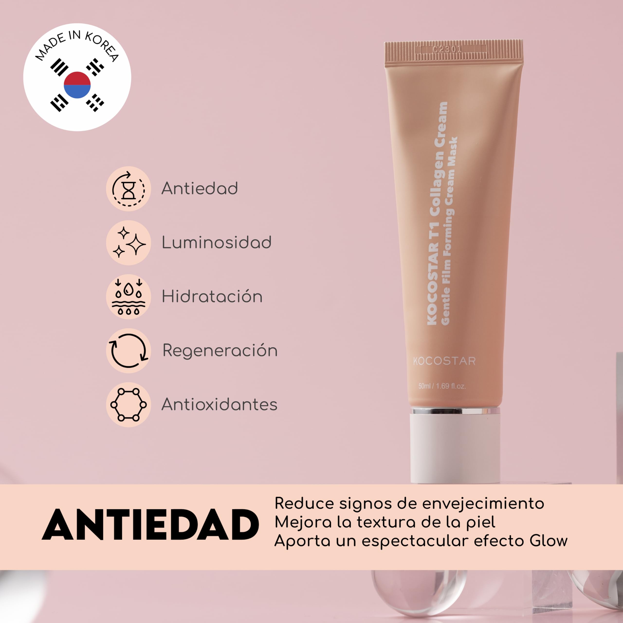 KOCOSTAR T1 Collagen Cream – Peel-off-Gesichtsmaske, die einen glatten Film bildet, 65% Typ-1-Kollagen, feuchtigkeitsspendend und straffend, 50 ml / 1,69 fl oz