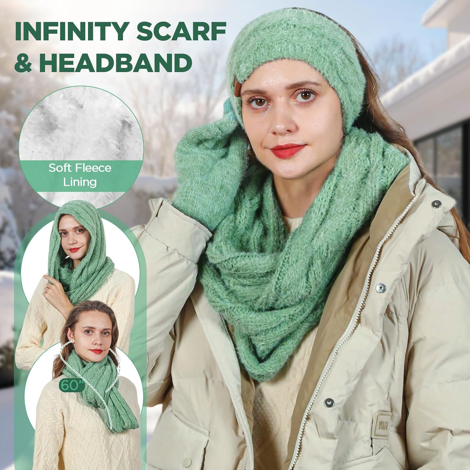 Womens Beanie Hat Infinity Scarf Touchscreen Gloves Fleece Headband 4 in 1 Winter Clothes Set Gifts for Women - Image 3