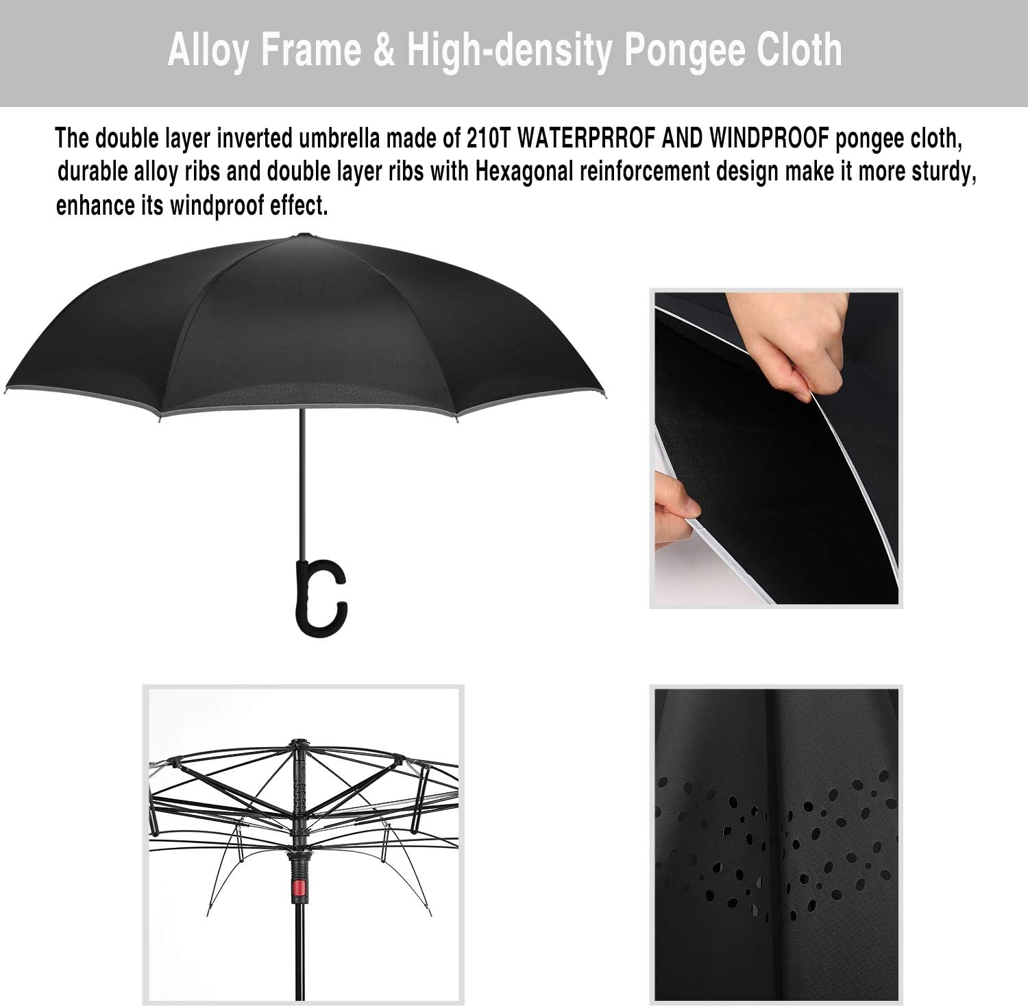 SIEPASA Reverse Umbrella, Umbrella Windproof, Inverted Umbrella, Umbrellas for Women with UV Protection, Upside Down Umbrella with Safe Reflective Stripe (Black)