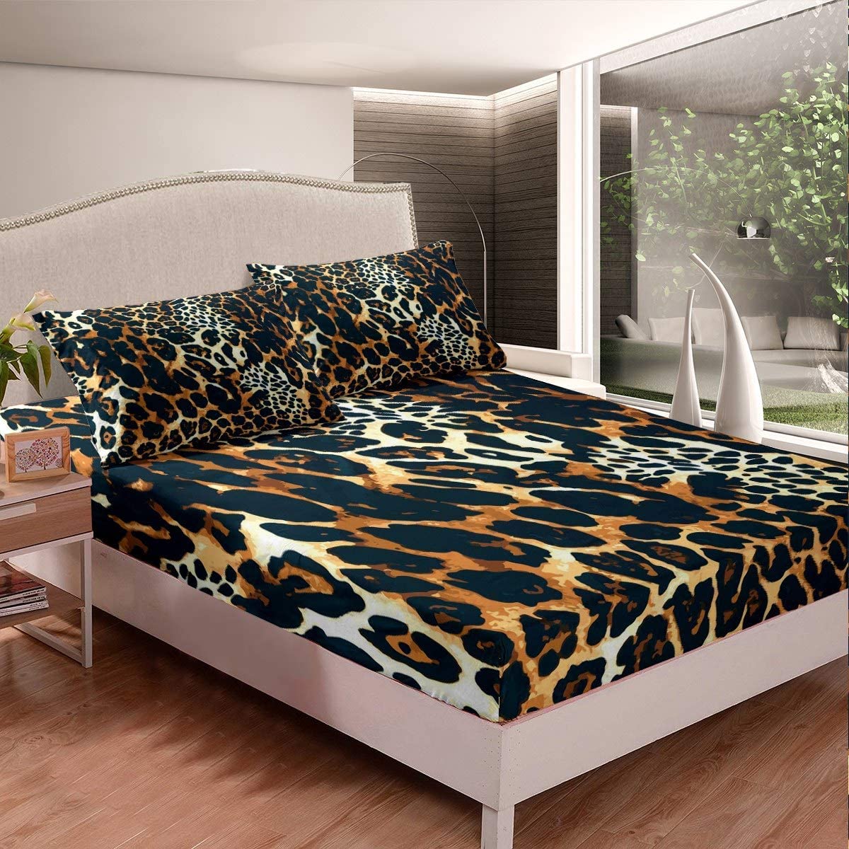 Parure de lit double 3 pièces imprimé léopard chic et finitions soignées