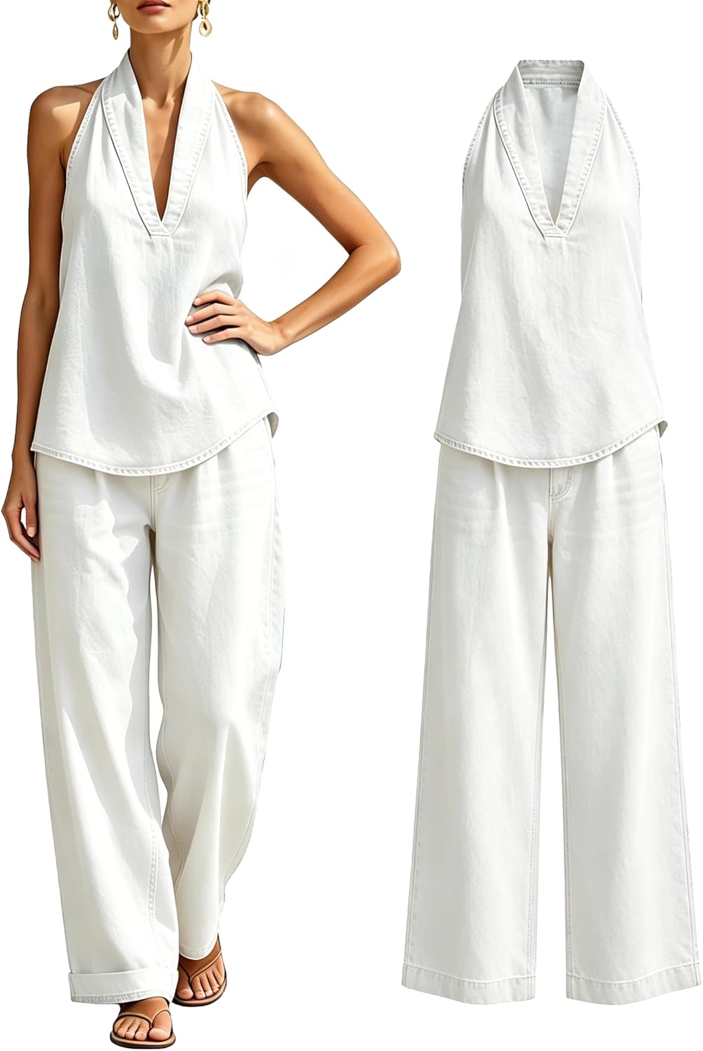 Cozy Minimalist Two-Piece Denim Set - Halter Neck Top & Flowy Wide Leg Pants, Matching Daily Leisure Outfits