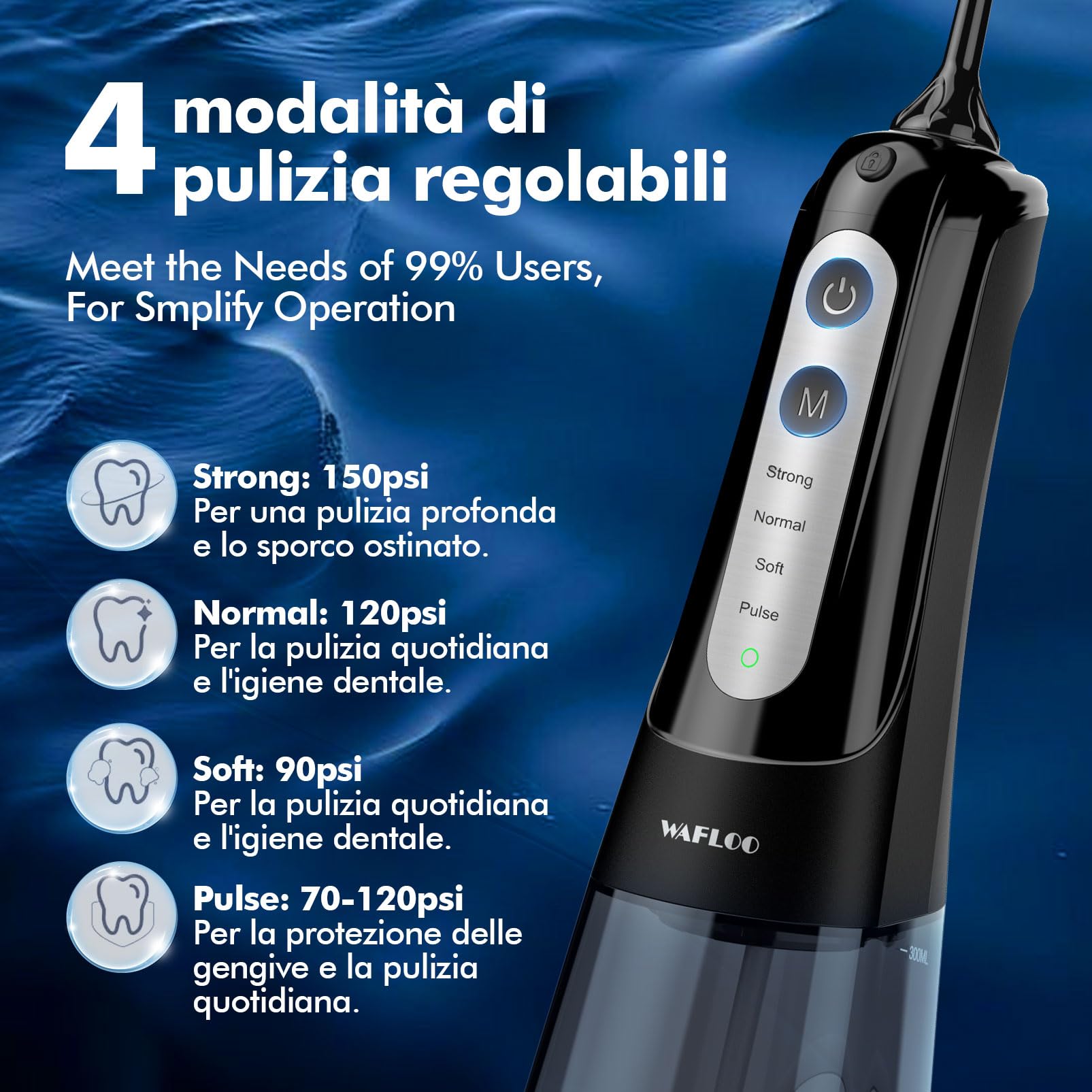 Water Flosser Elettrico Senza Fili con 4 Modalità e 4 Ugelli, Idropulsore Orale IPX7 Impermeabile, Serbatoio da 300ml, per Uso Domestico e da Viaggio - Nero