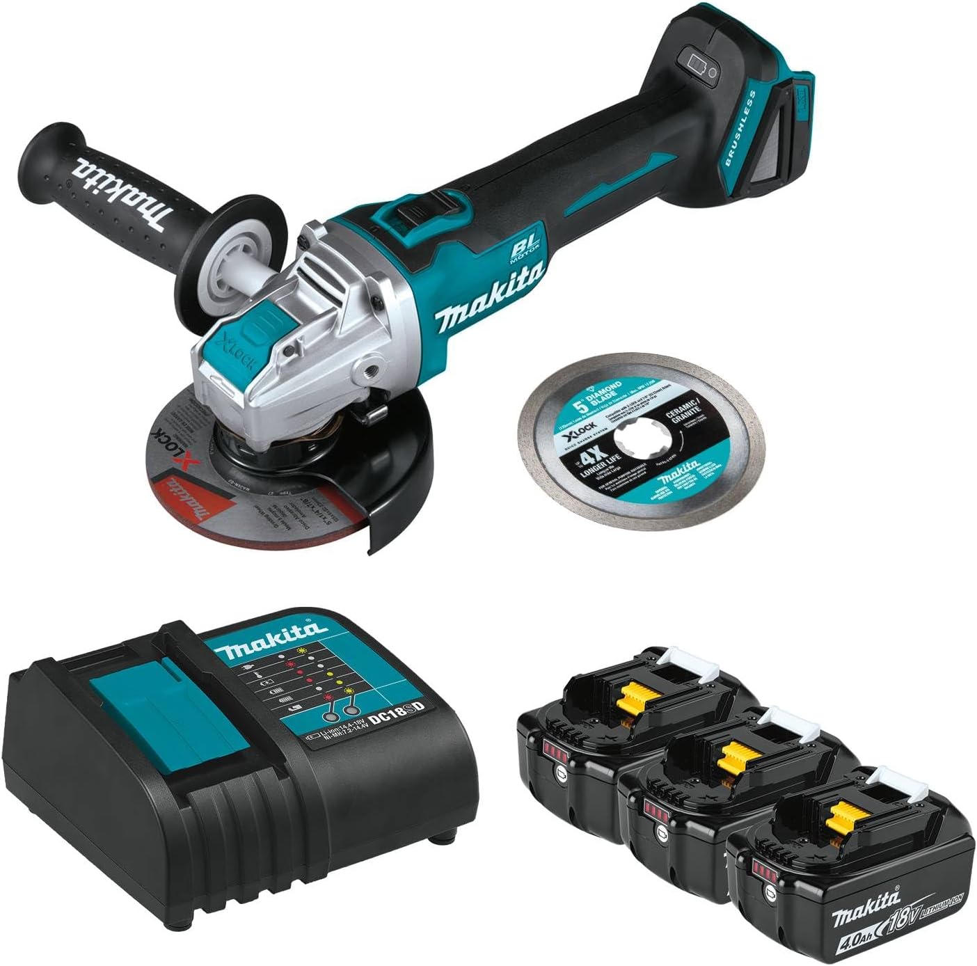 Makita BL1840BSCX3 18V LXT® Lithium-Ion Battery and Charger Starter Pack (4.0Ah) with Bonus X-Lock Grinder