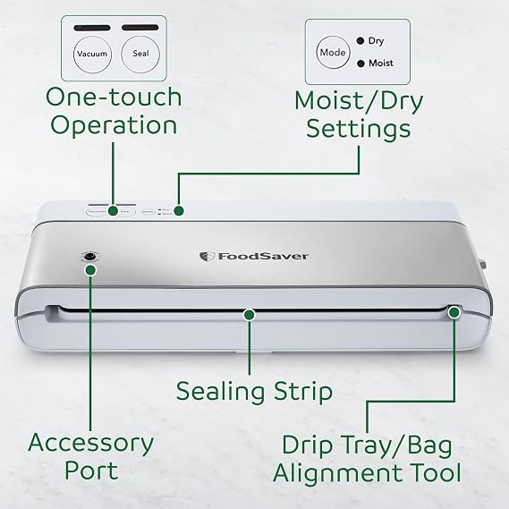 FoodSaver Compact Vacuum Sealer Machine with Airtight Bags and Roll - Ideal for Sous Vide and Airtight Food Storage, White