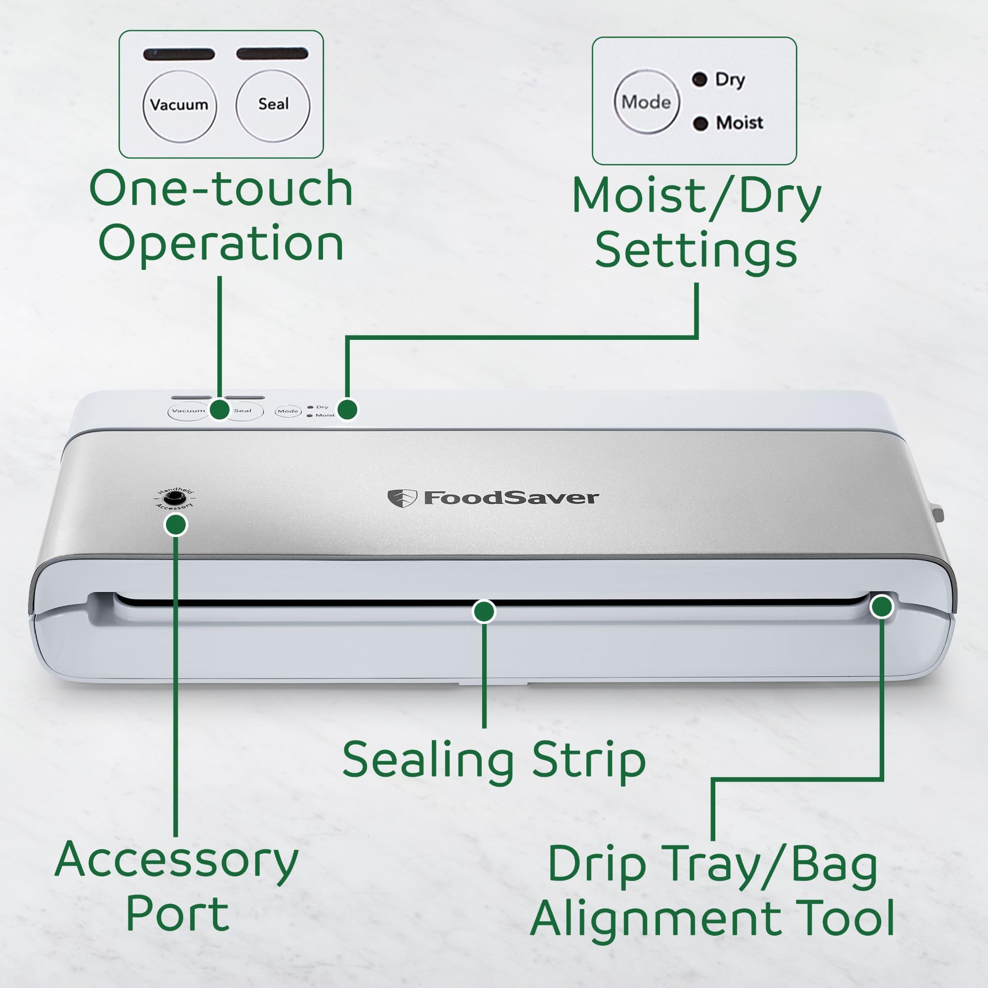 FoodSaver Máquina compacta de envasado al vacío con bolsa de sellado y rollo para almacenamiento hermético de alimentos y Sous Vide, blanco