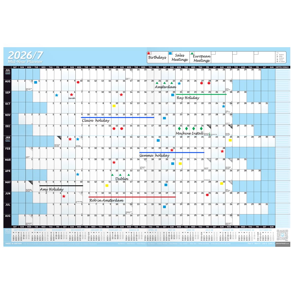 PlannerHead 2026/2027 Laminated Academic Wall Planner/Mid Year Calendar July 2026-August 2027 UK/Dry Wipe Pen & Stickers/Sky Blue A2+ 43cm x 62cm (Rolled)