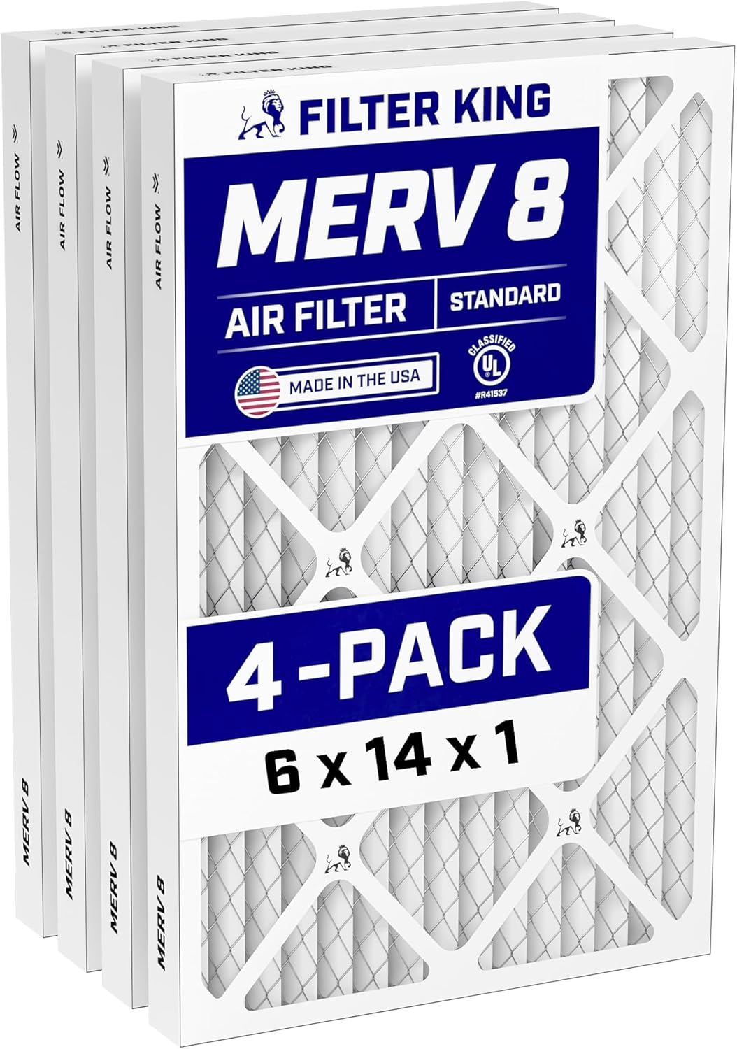 Filter King 6x14x1 Air Filter (MERV 8) (4-Pack) Dust & Allergy Control AC Furnace Filters, MADE IN USA, HVAC, Pleated, Electrostatic (Actual Size: 6 x 14 x .75)