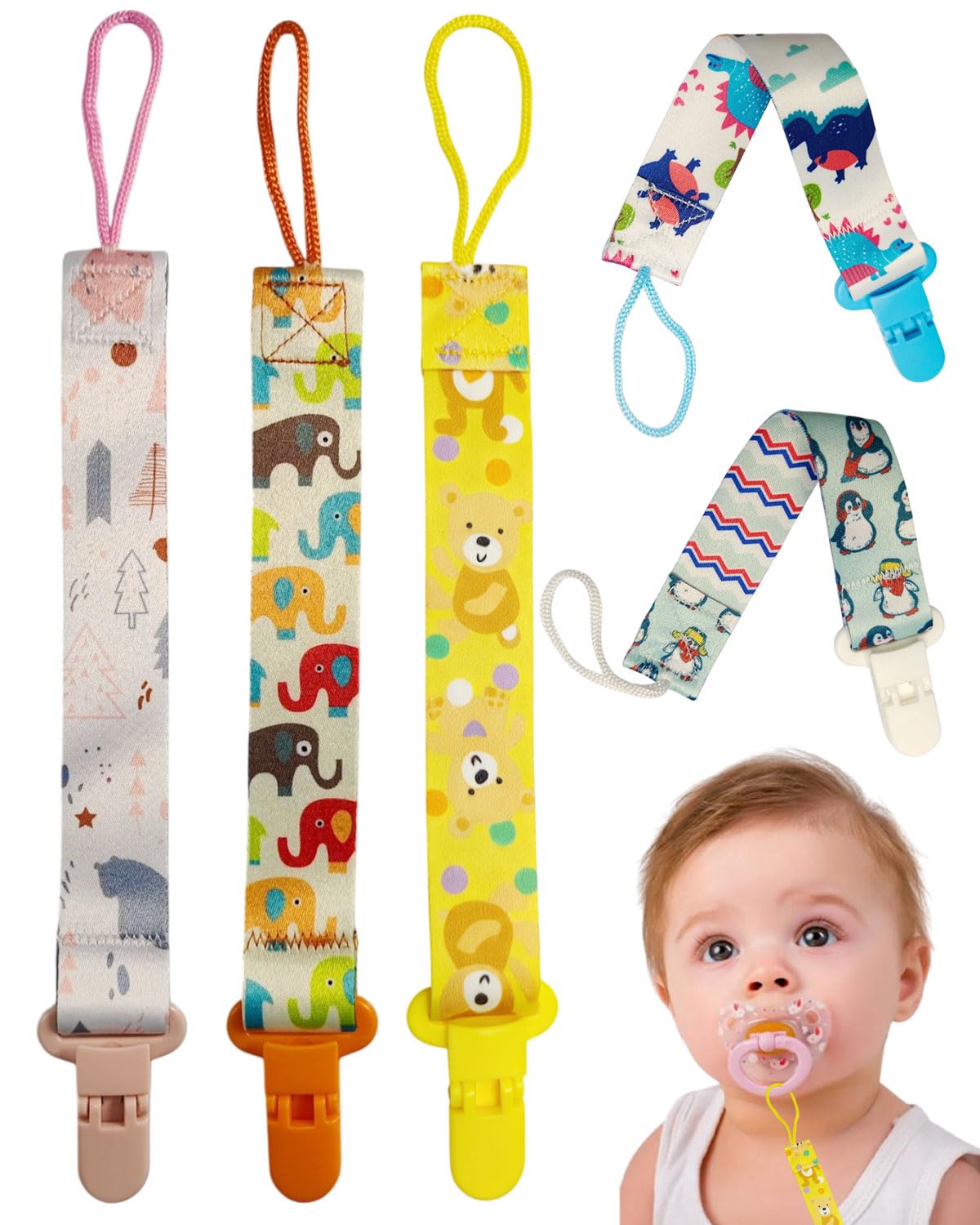 ZEXIJOW 5 PCS Schnullerketten Baumwolle Schnullerketten,Baby Schnullerkettenclips,Schnullerband,Schnullerketten für Mädchen und Jungen,Schnuller,Geflochtene Schnullerkette (L)
